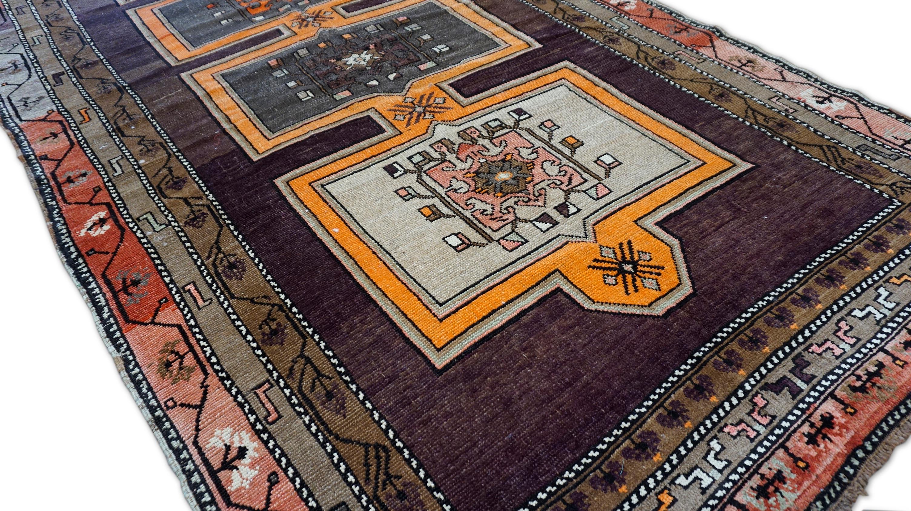 20th Century Anatolian Karapinar Brown and Orange Vintage Wool Rug 6'6''x13' For Sale