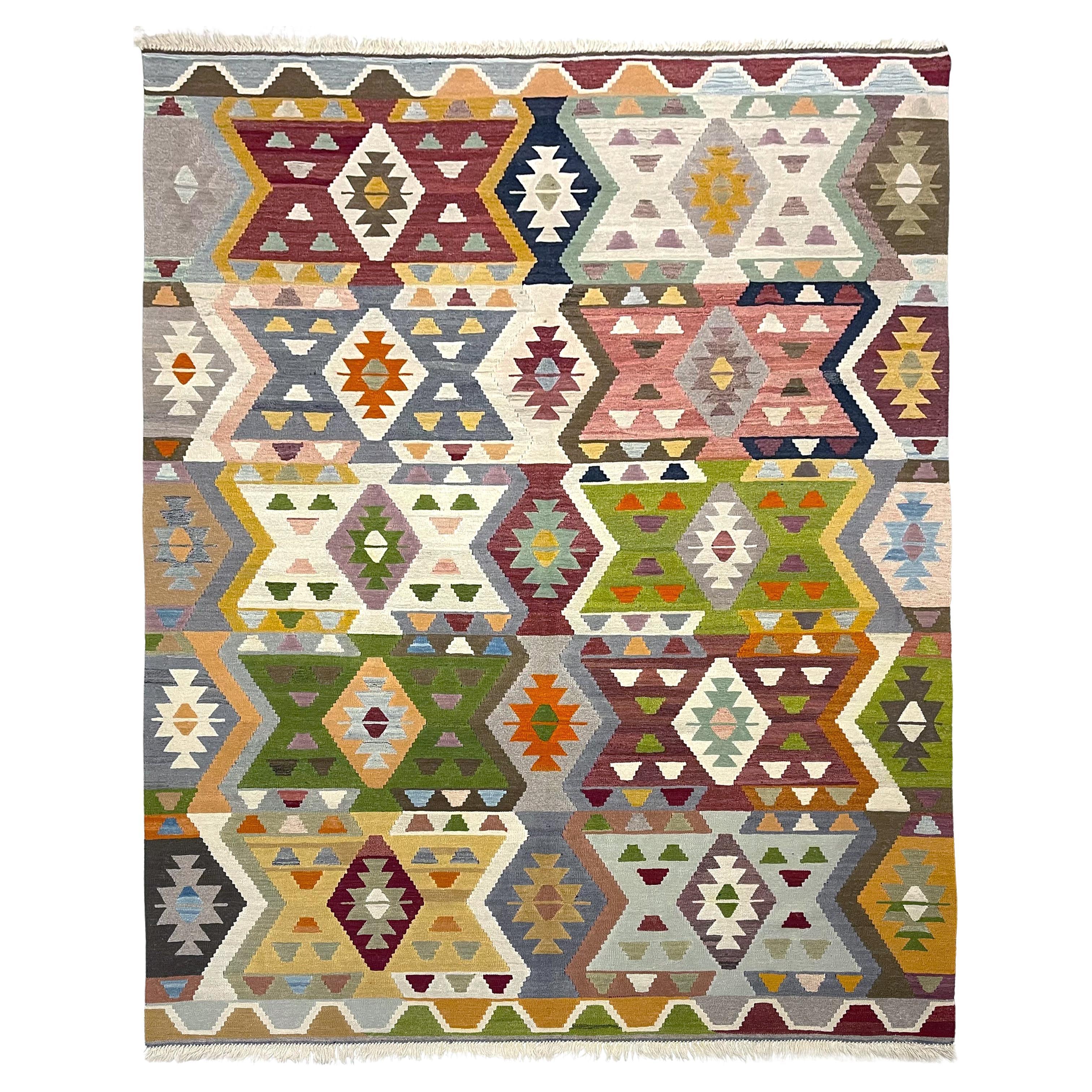 Anatolian Kelim, Handwoven from Old Yarn, Vibrant Geometric Patterns, New For Sale