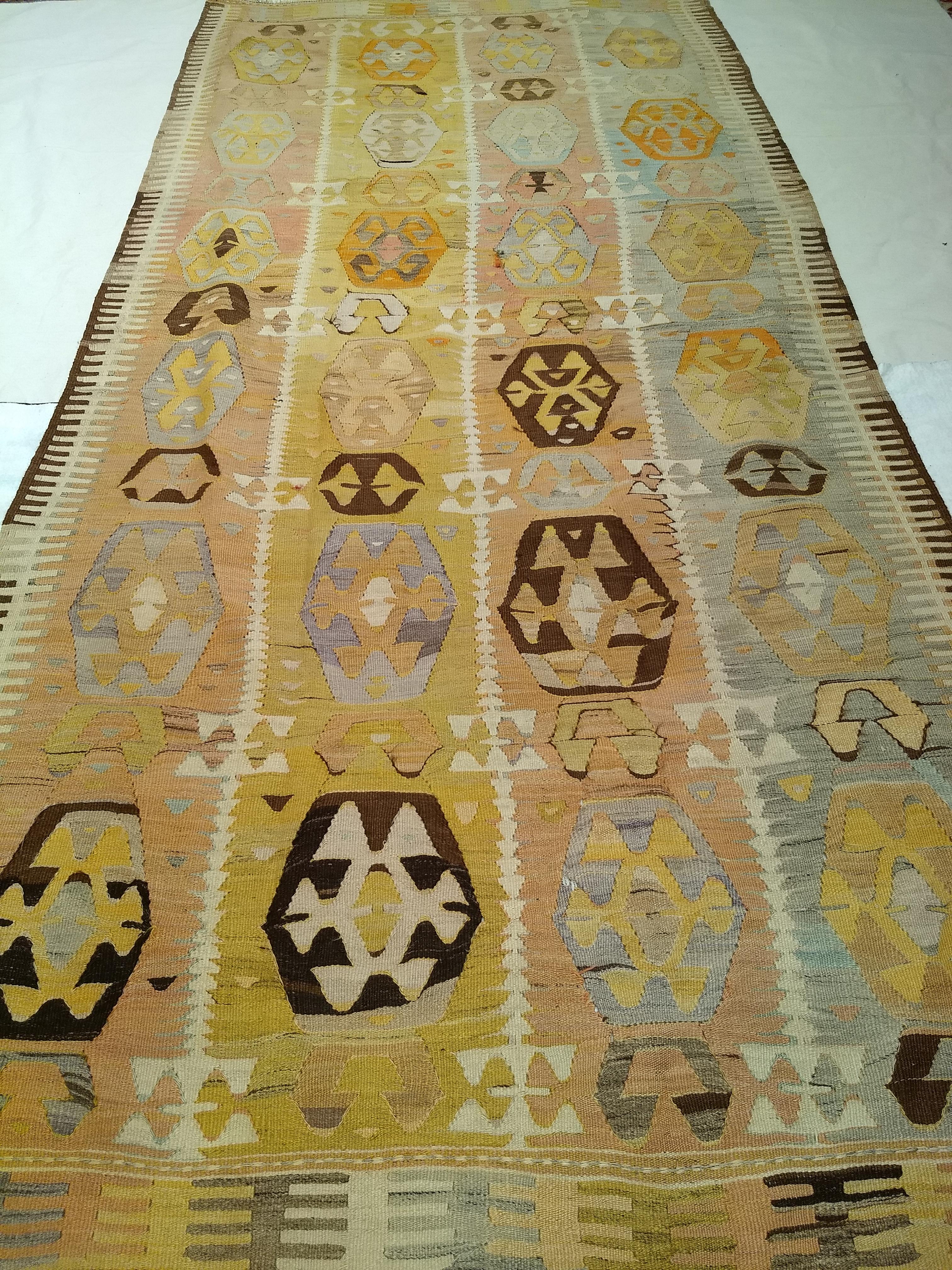 Vintage Anatolian Kilim Area Rug  in Allover Pattern in Aqua Blue, Yellow, Pink For Sale 4