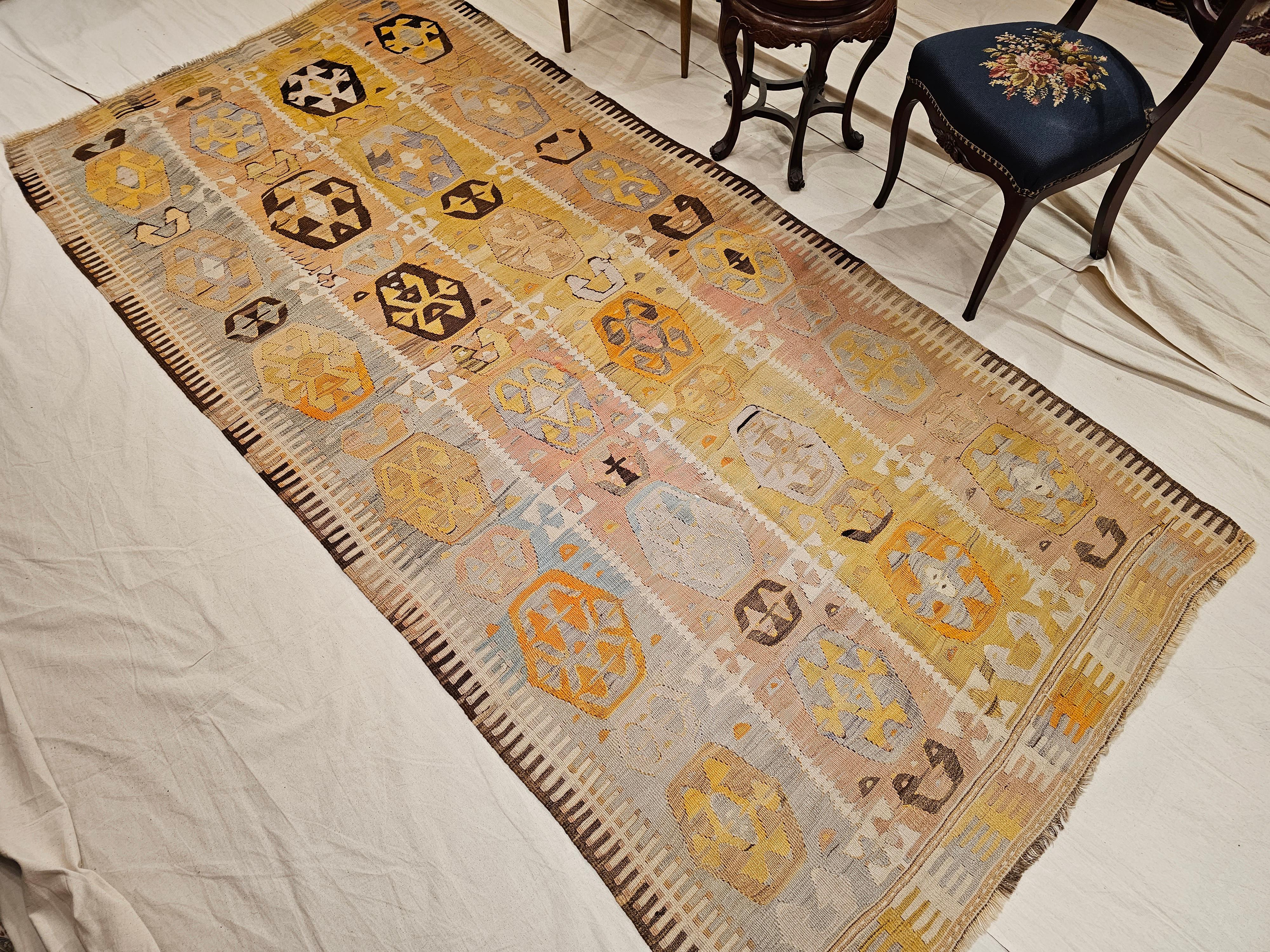 Vintage Anatolian Kilim Area Rug  in Allover Pattern in Aqua Blue, Yellow, Pink For Sale 6