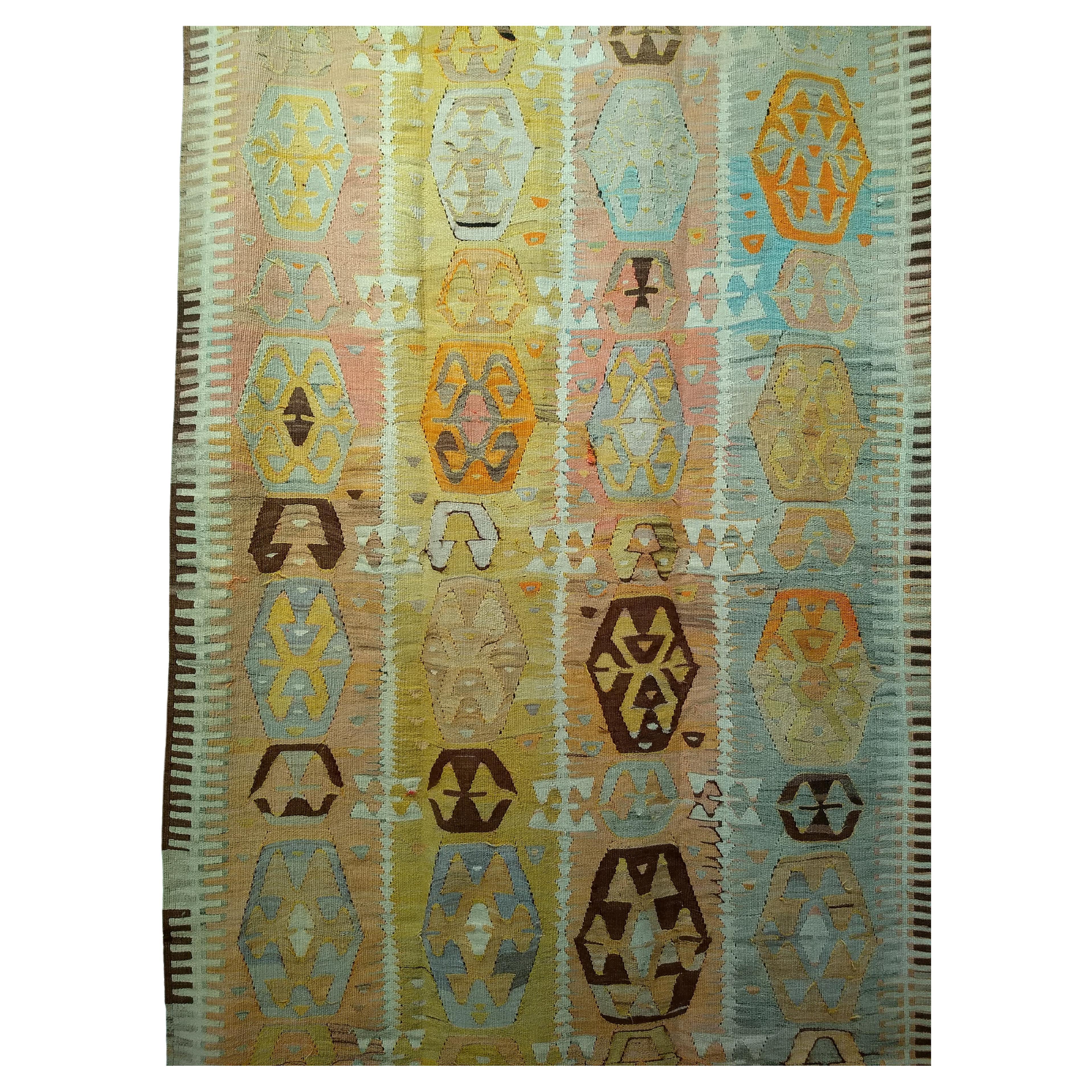 Vintage Anatolian Kilim Area Rug  in Allover Pattern in Aqua Blue, Yellow, Pink For Sale