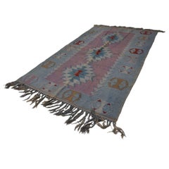 Türkischer anatolischer Flachgewebe-Teppich aus Wolle, 4 x 6, hellblau-grau und rosa, handgefertigt