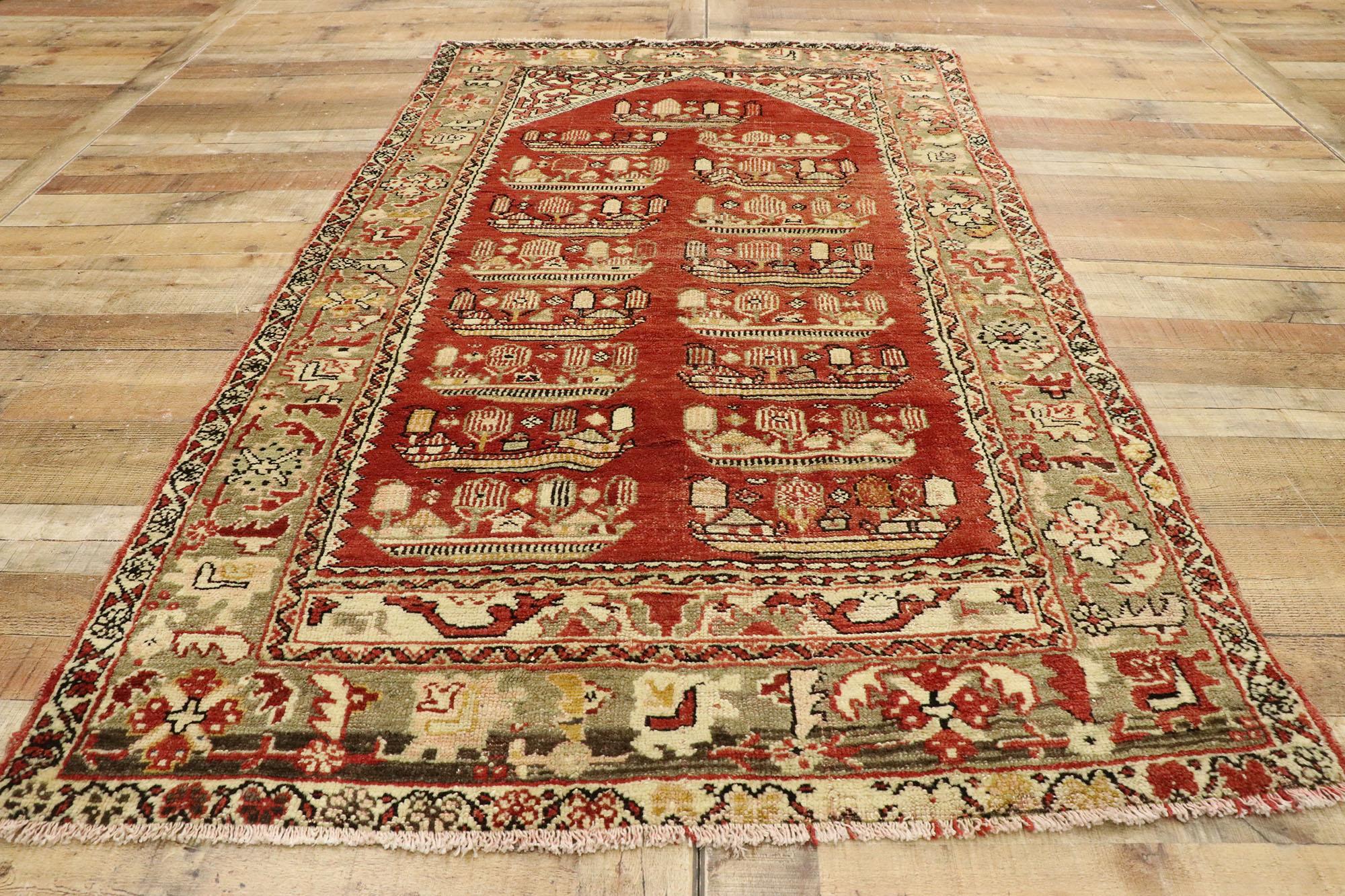 Anatolischer Kirsehir- Village Prayer-Teppich, türkischer Vintage-pictorial-Teppich (Wolle) im Angebot