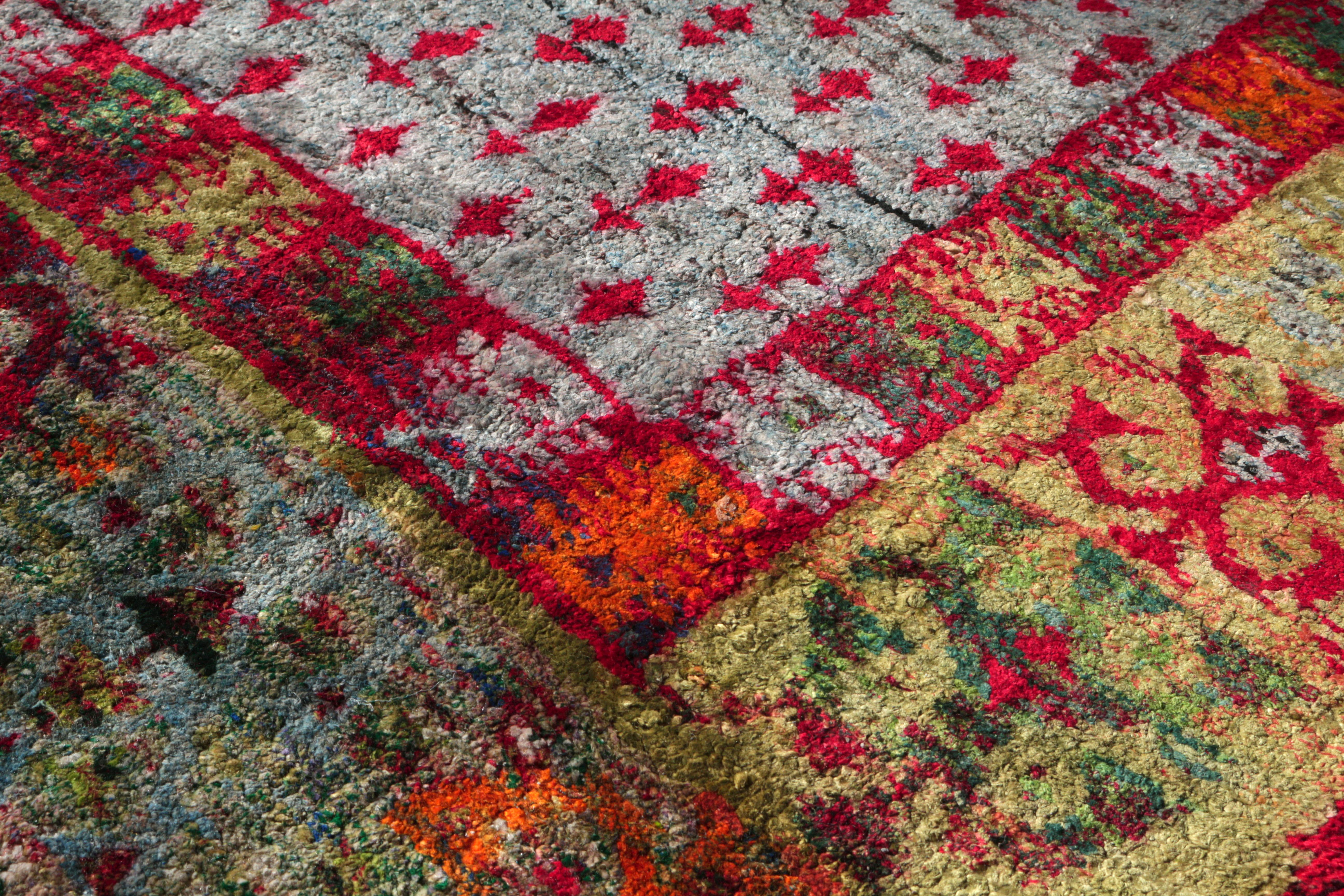 Hand-Knotted Rug & Kilim's Anatolian Style Pure Silk Rug Blue Gold and Red Geometric Pattern