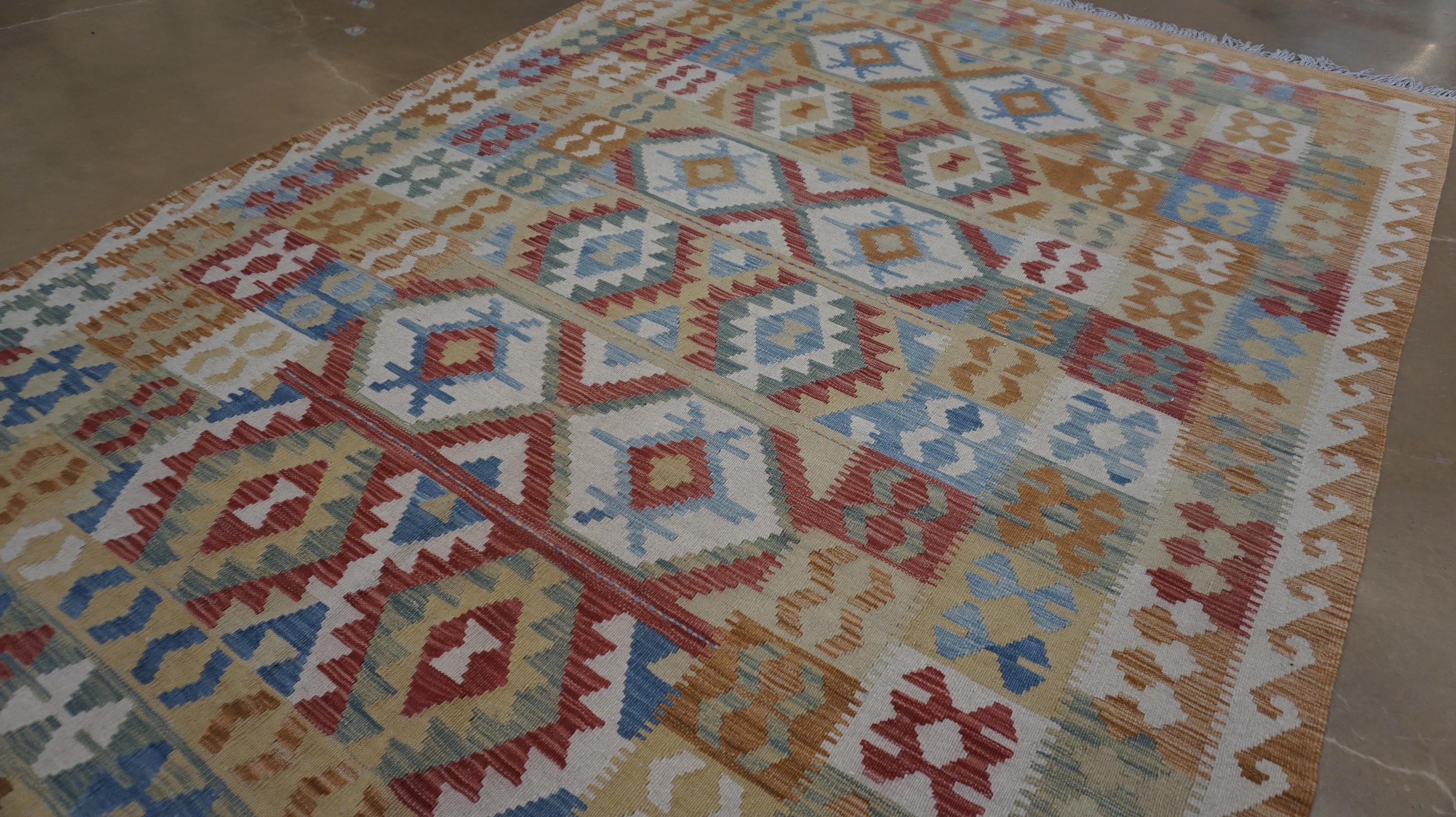Laine Kilim en laine de style anatolien 6'6''x9'7'' en vente