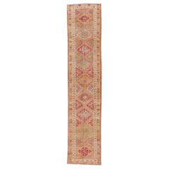 Antique Anatolian Village Handmade Tribal Motif Peach Runner Rug