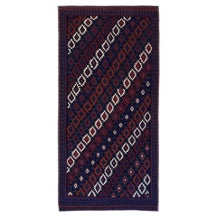 Persischer Vintage Kelim, komplizierte geometrische Muster, tiefes Blau und Rot, Wolle