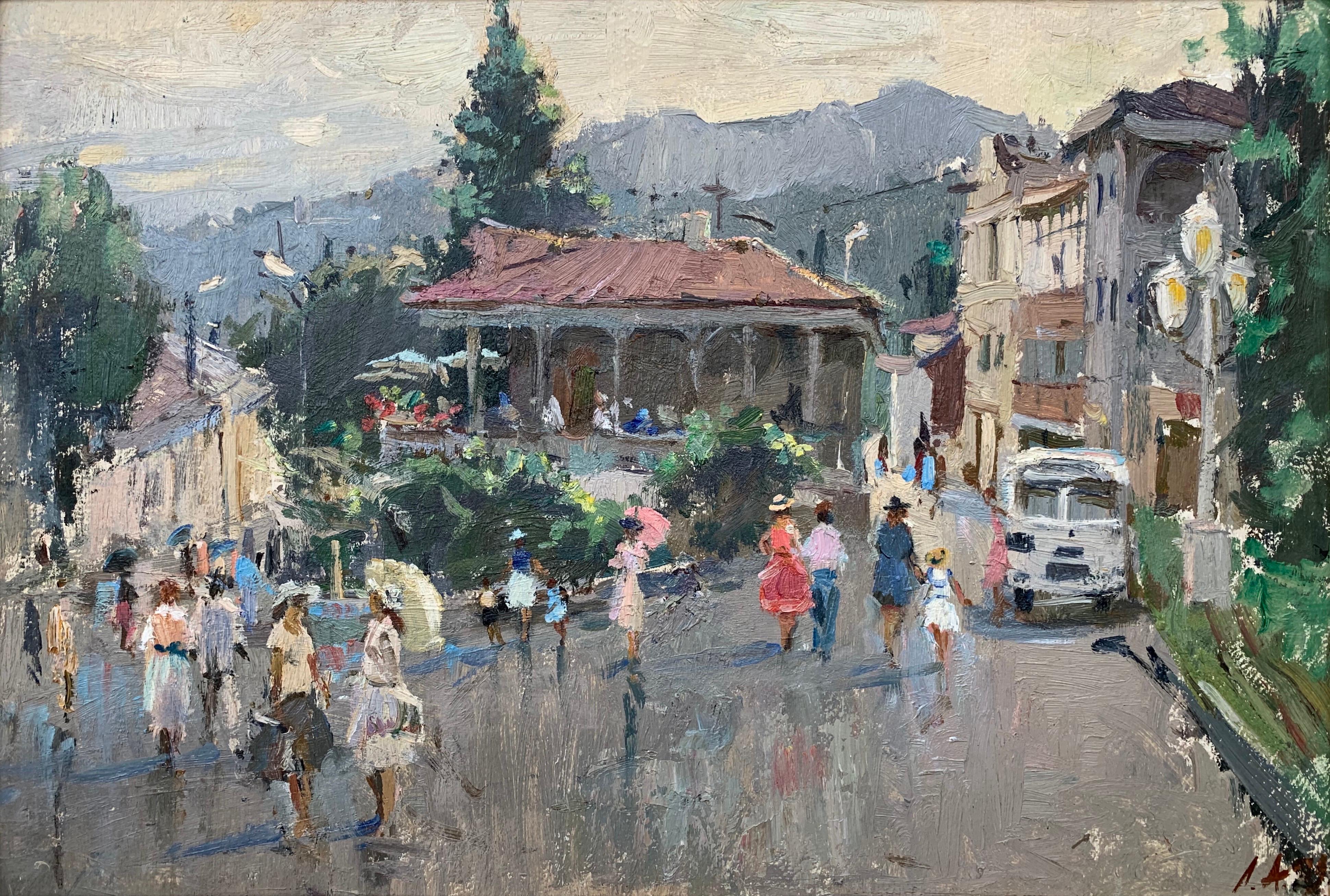 Impressionistic Street Scene with Figures in Aloupak Crimea by Russian Artist - Painting by Anatoliy Lukash