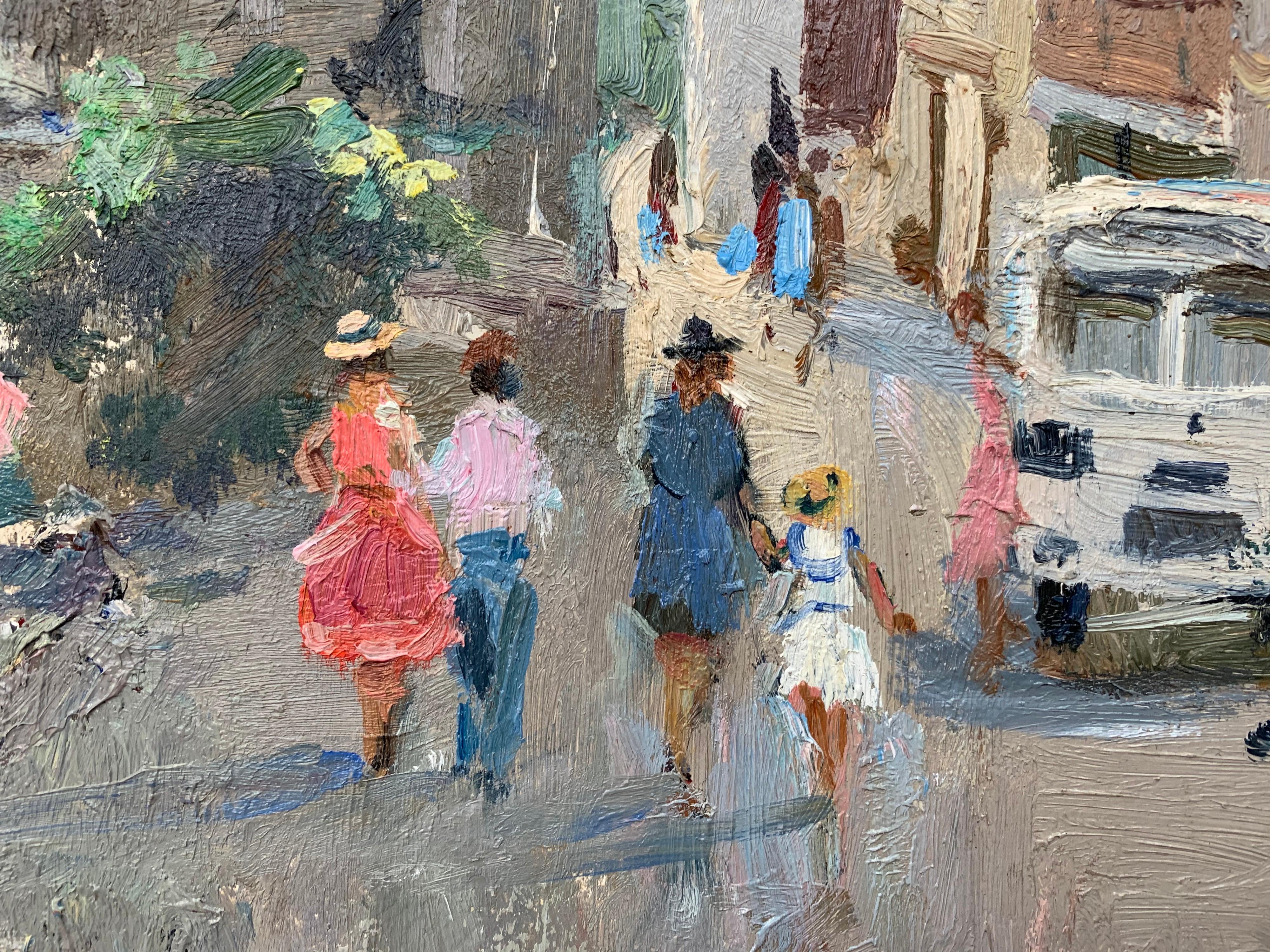 Impressionistic Street Scene with Figures in Aloupak Crimea by Russian Artist - Gray Landscape Painting by Anatoliy Lukash