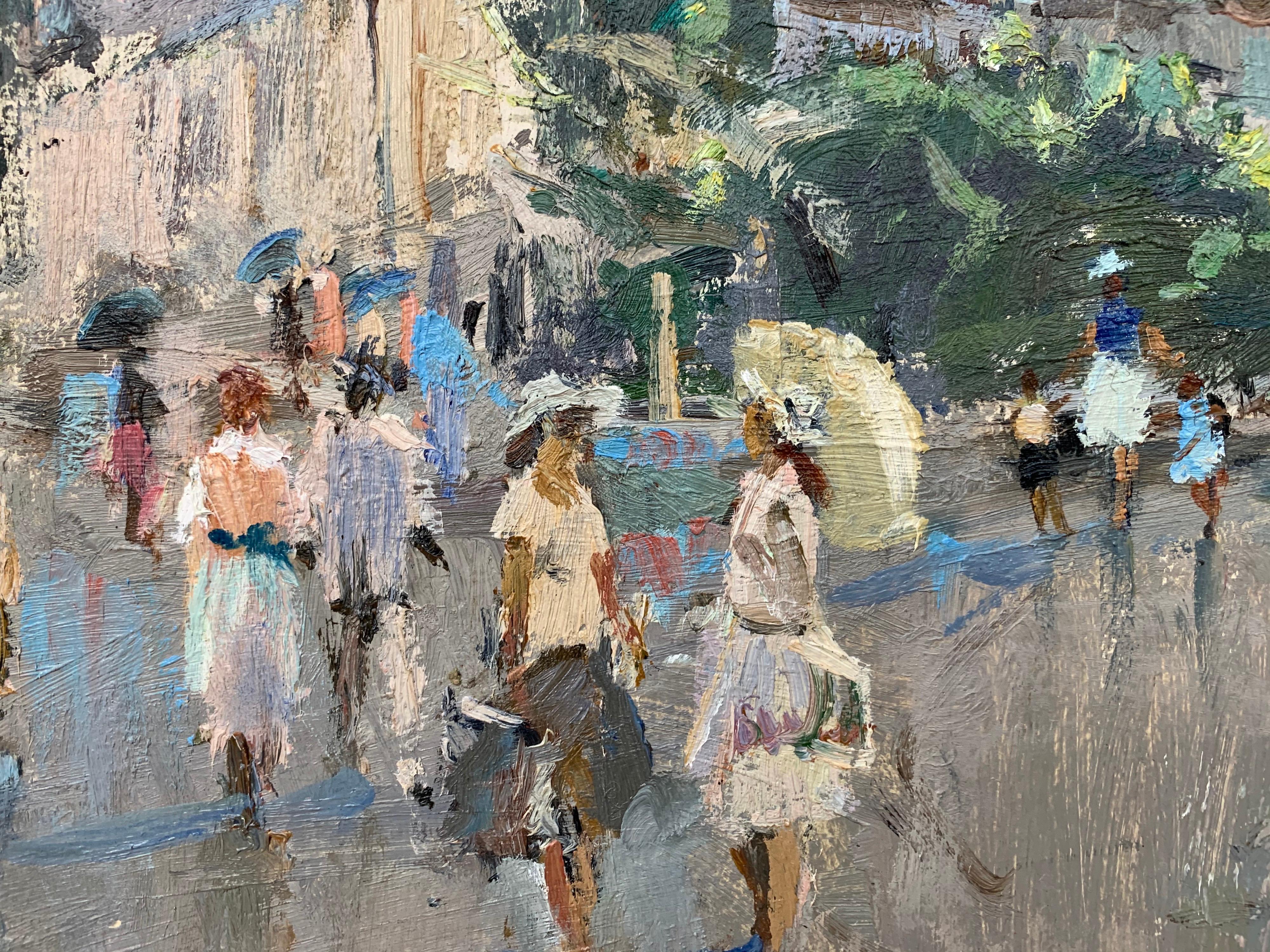 Impressionistic Street Scene with Figures in Aloupak Crimea by Russian Artist. Anatoliy Lukash was born in 1956 and is based in Saint-Petersburg, Russia. He is a well-established painter with works held in collections all over the world. Slightly