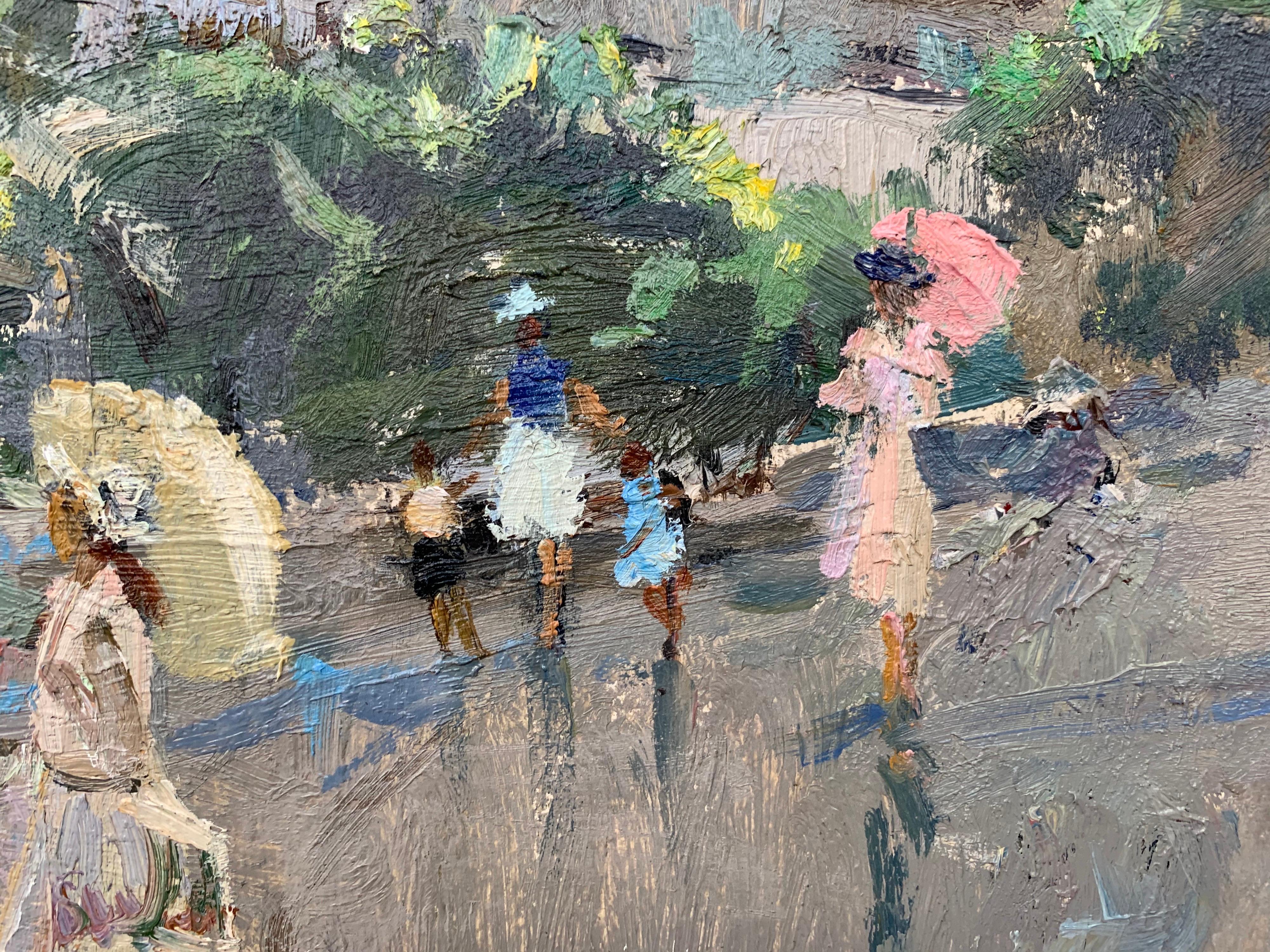 Impressionistic Street Scene with Figures in Aloupak Crimea by Russian Artist For Sale 1