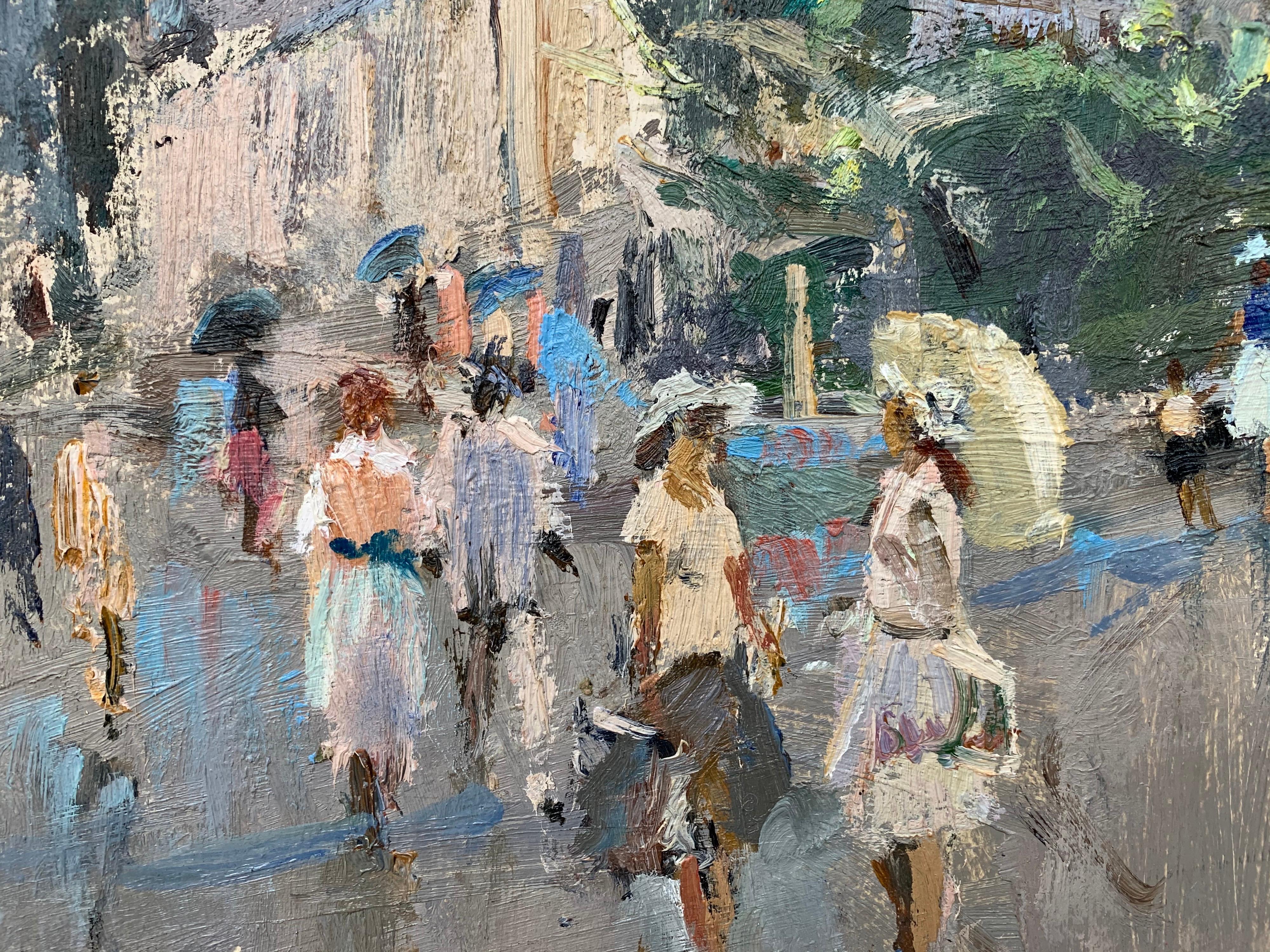 Impressionistic Street Scene with Figures in Aloupak Crimea by Russian Artist For Sale 2