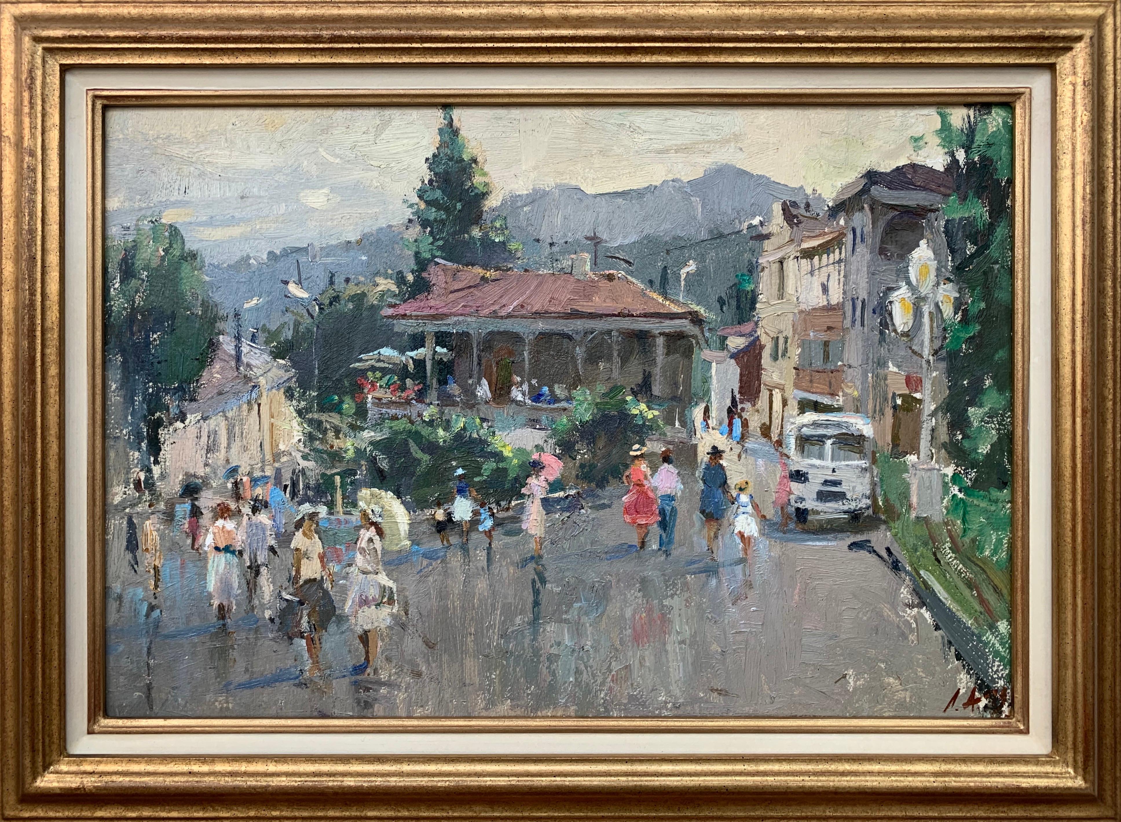 Anatoliy Lukash Landscape Painting - Impressionistic Street Scene with Figures in Aloupak Crimea by Russian Artist