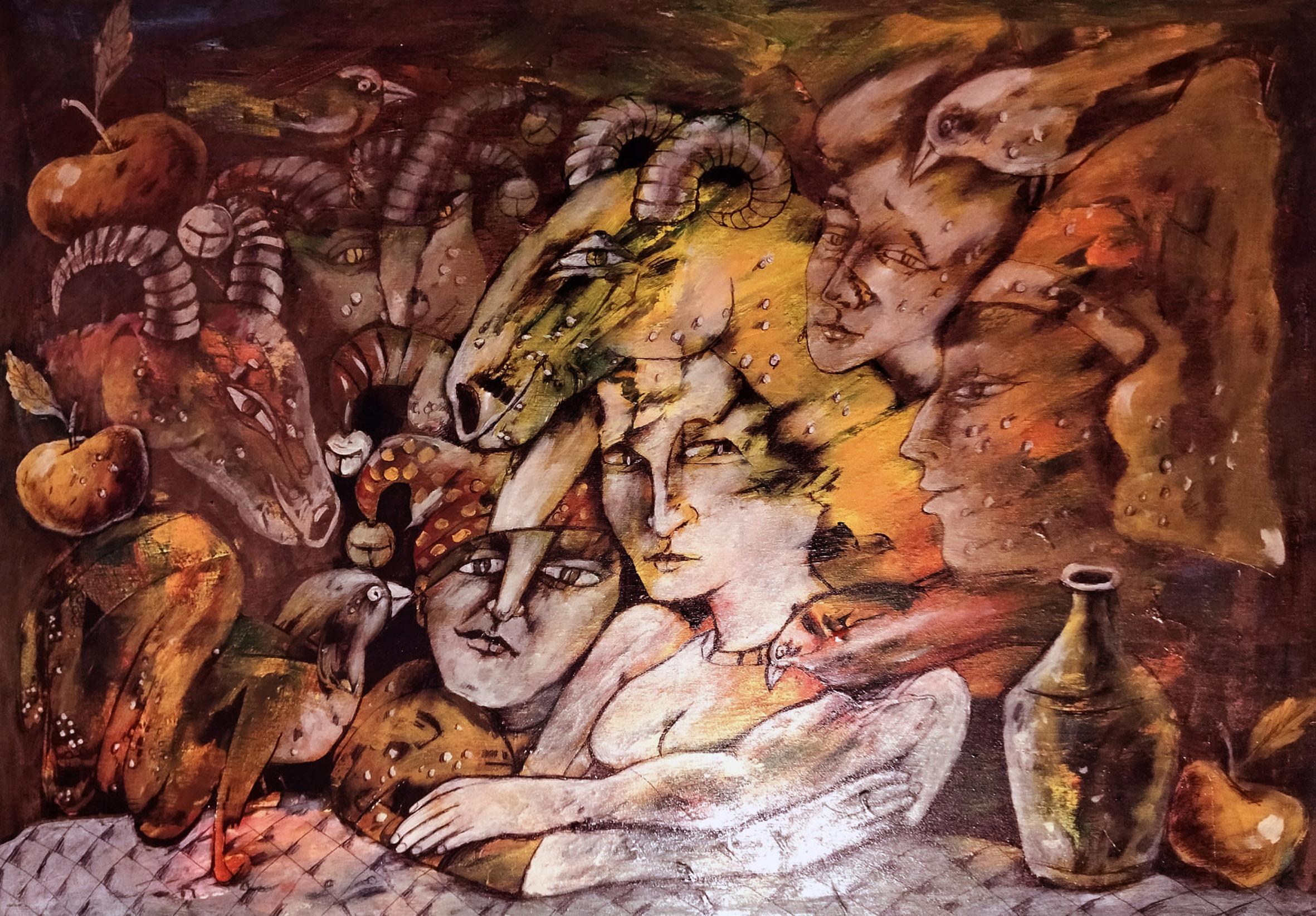 Figurative Painting Anatoliy Stankulov - Et le fou oublia son rang - The Painting Yellow Blue Brown White Red Black Pink