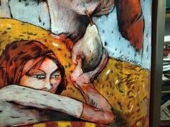 Füttern Sie die  Geburten - Figurative Malerei Gelb Blau Braun Weiß Rot Schwarz Rosa