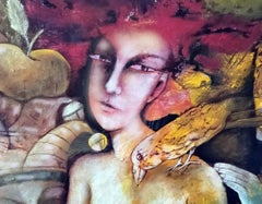 Erste Hochzeitsnacht  Figurative Malerei Gelb Blau Braun Weiß Rot Schwarz Rosa