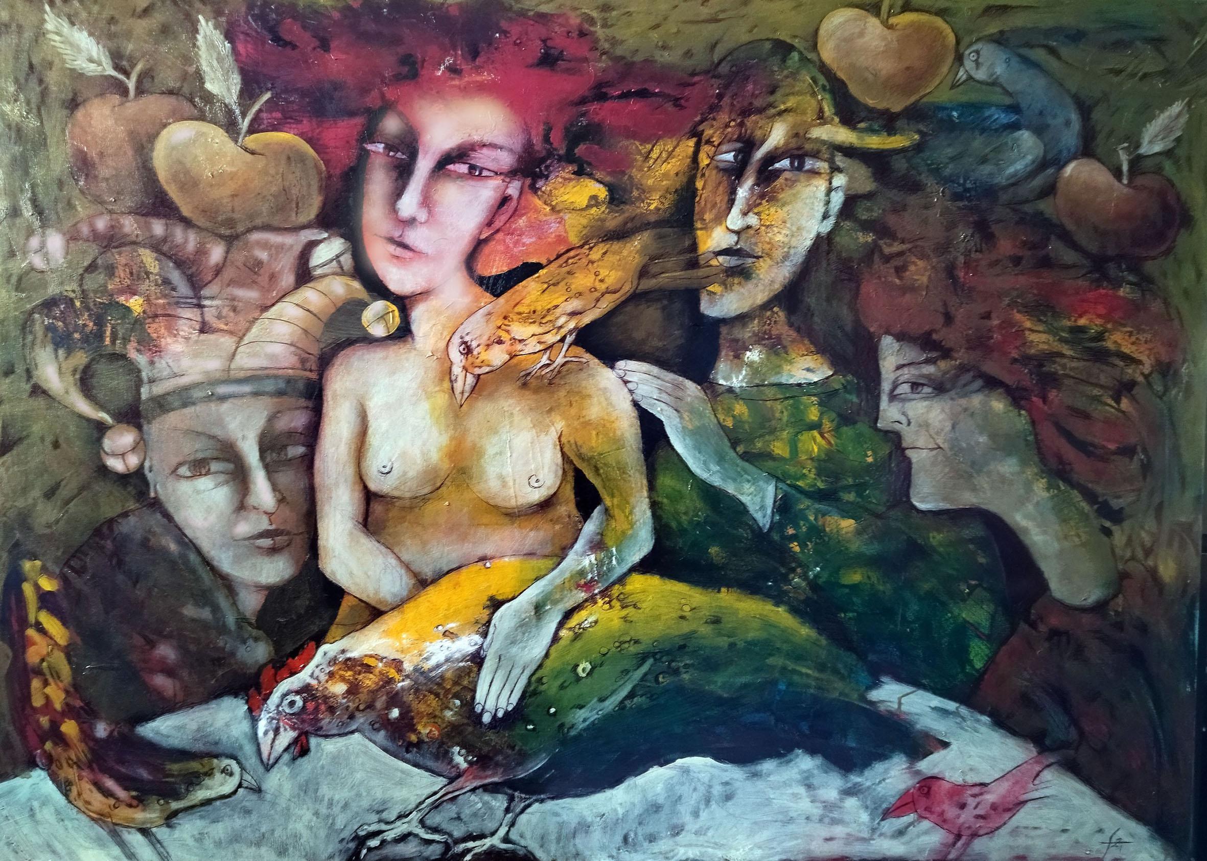 Anatoliy Stankulov Abstract Painting – Erste Hochzeitsnacht  Figurative Malerei Gelb Blau Braun Weiß Rot Schwarz Rosa 
