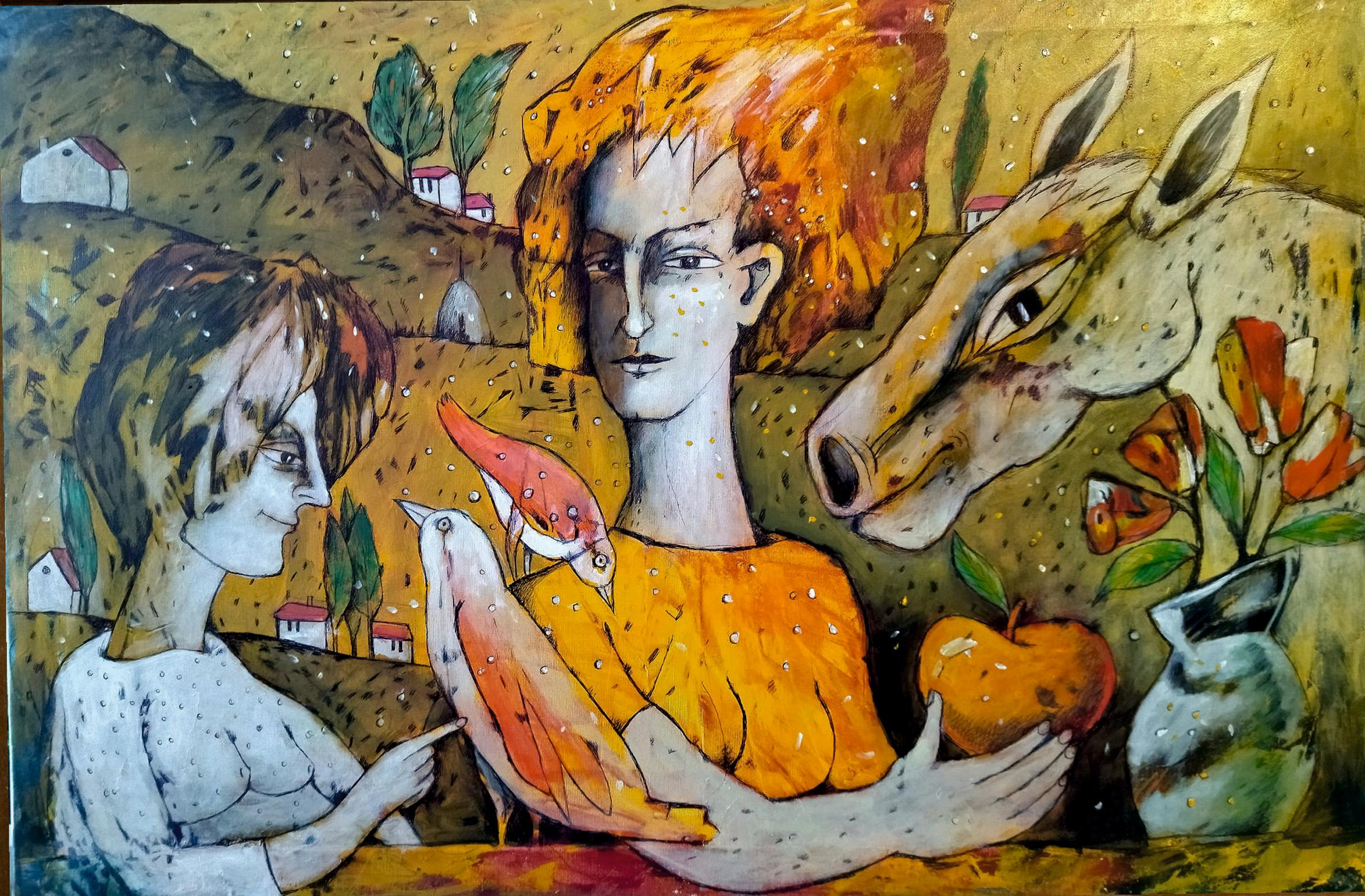 Figurative Painting de Anatoliy Stankulov - Día de la Flor - Pintura Figurativa Amarillo Azul Marrón Blanco Rojo Negro Rosa