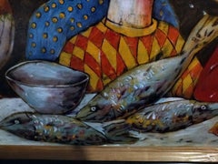 Abendmahl - Figurative Malerei Gelb Blau Braun Weiß Rot Schwarz Rosa