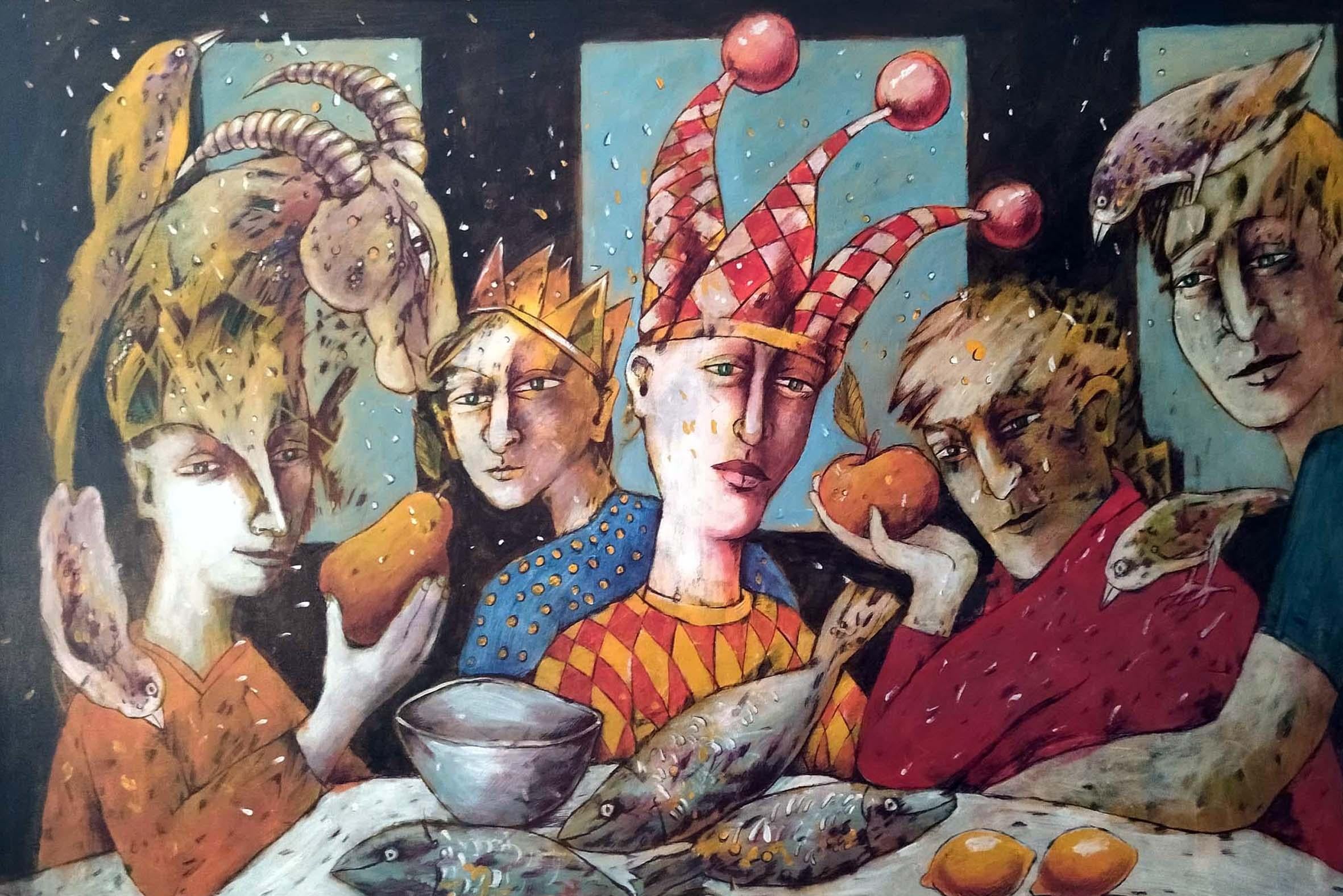 Anatoliy Stankulov Abstract Painting - Last Supper - Figurative Painting Yellow Blue Brown White Red Black Pink 