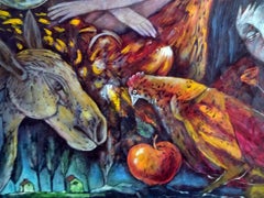 Morgendliches Frühstück  Malerei Gelb Blau Braun Weiß Rot Schwarz Rosa