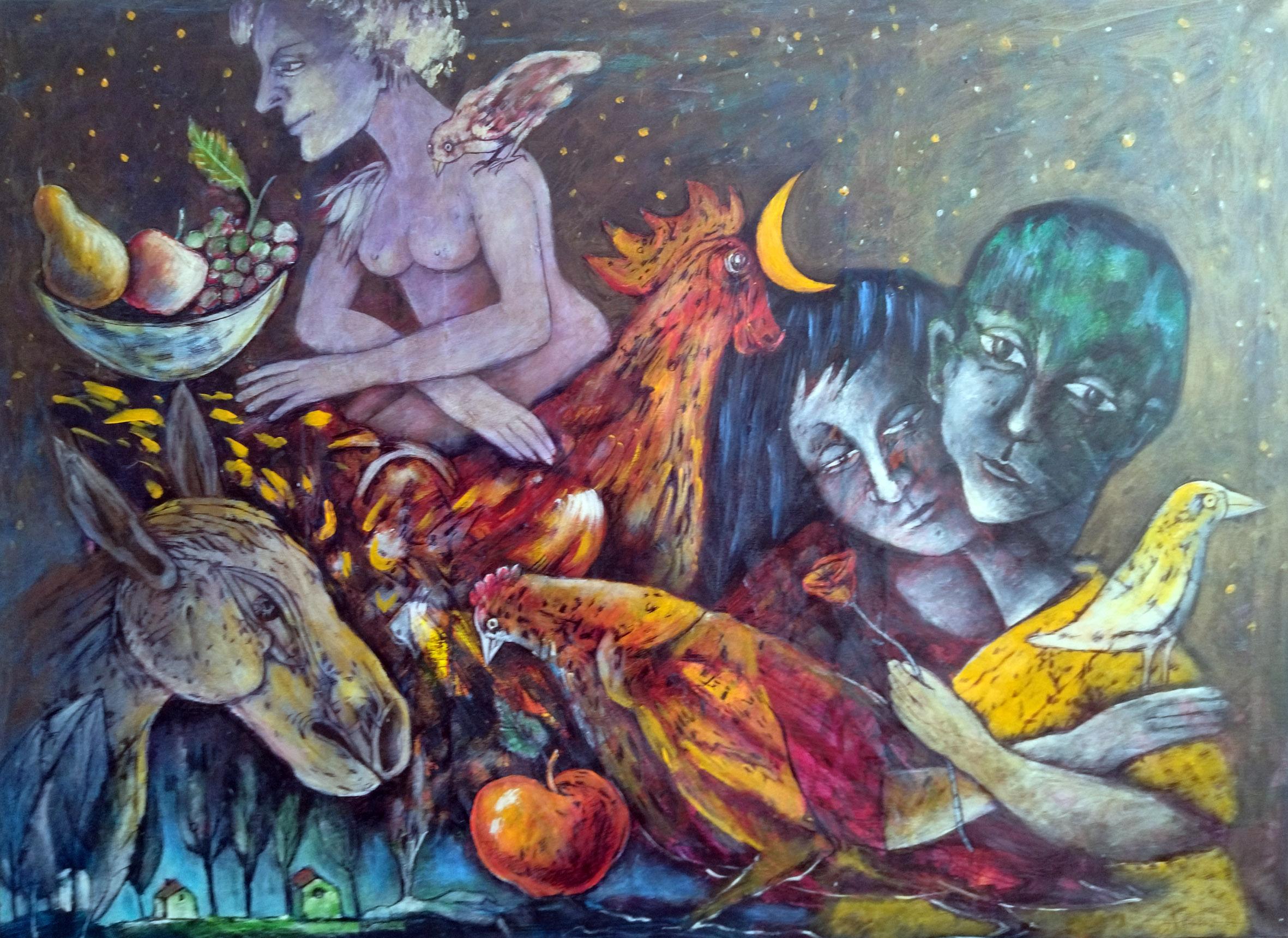 Abstract Painting di Anatoliy Stankulov - La colazione del mattino  Pittura Giallo Blu Marrone Bianco Rosso Nero Rosa