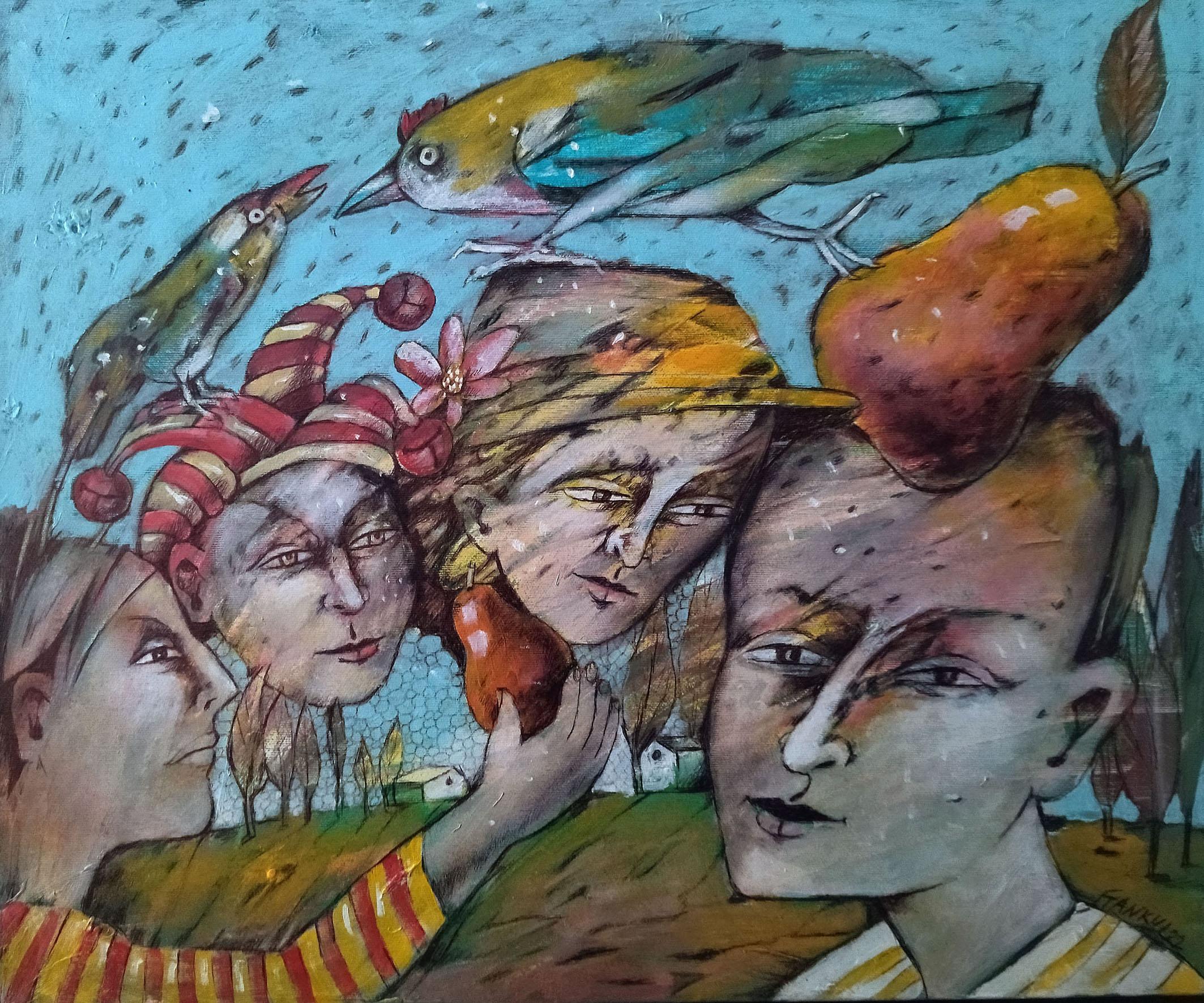 Abstract Painting di Anatoliy Stankulov - The Wilds - Pittura figurativa Giallo Blu Marrone Bianco Rosso Nero Rosa