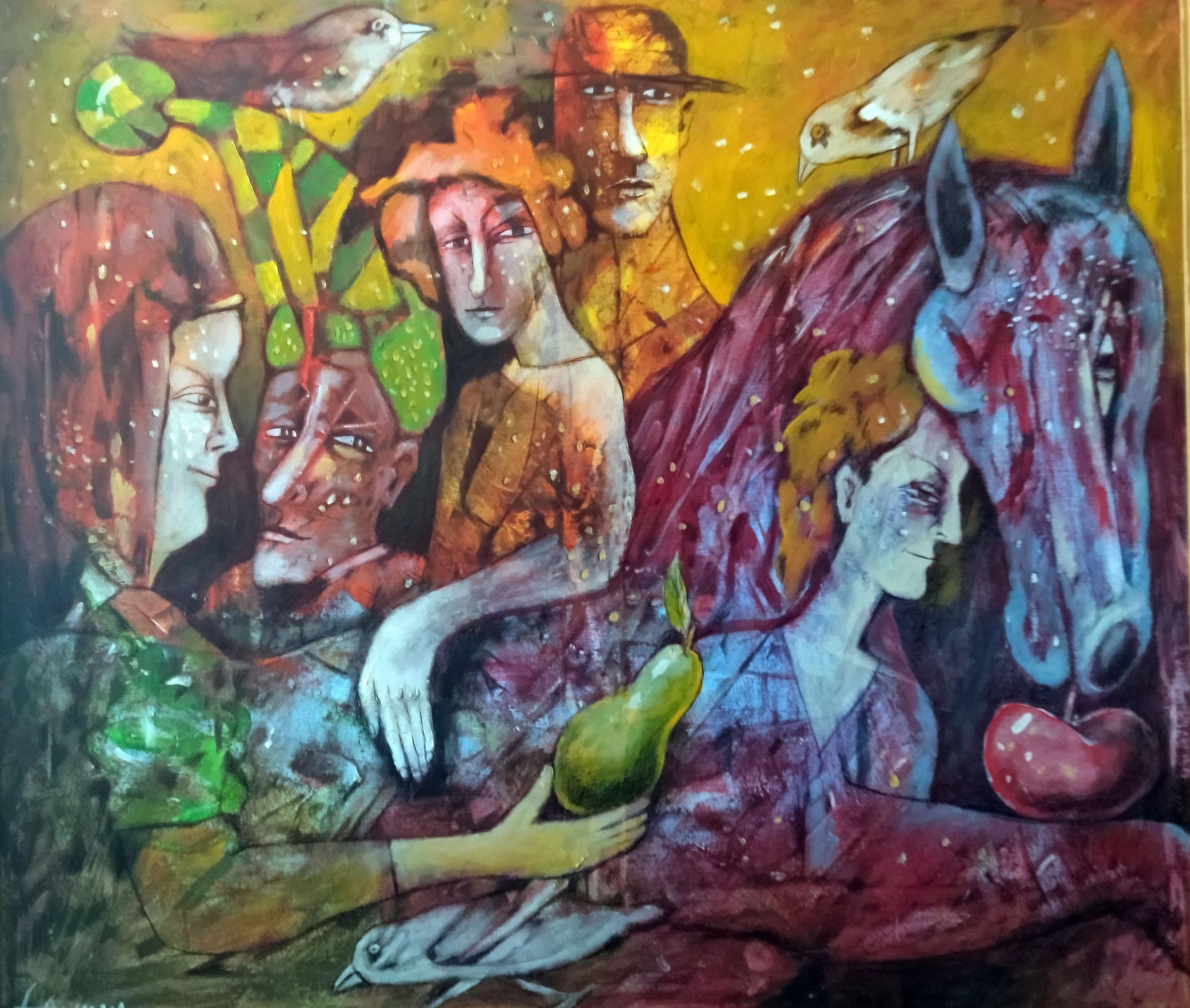 Abstract Painting di Anatoliy Stankulov - Todorov Day - Pittura figurativa Giallo Blu Marrone Bianco Rosso Nero Rosa