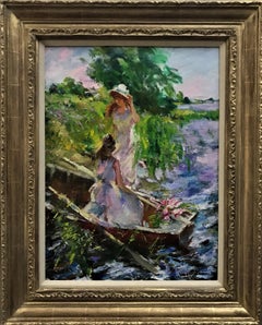 Beautiful Day by the River, original Oil on Canvas, Impressionist, 20thCentury