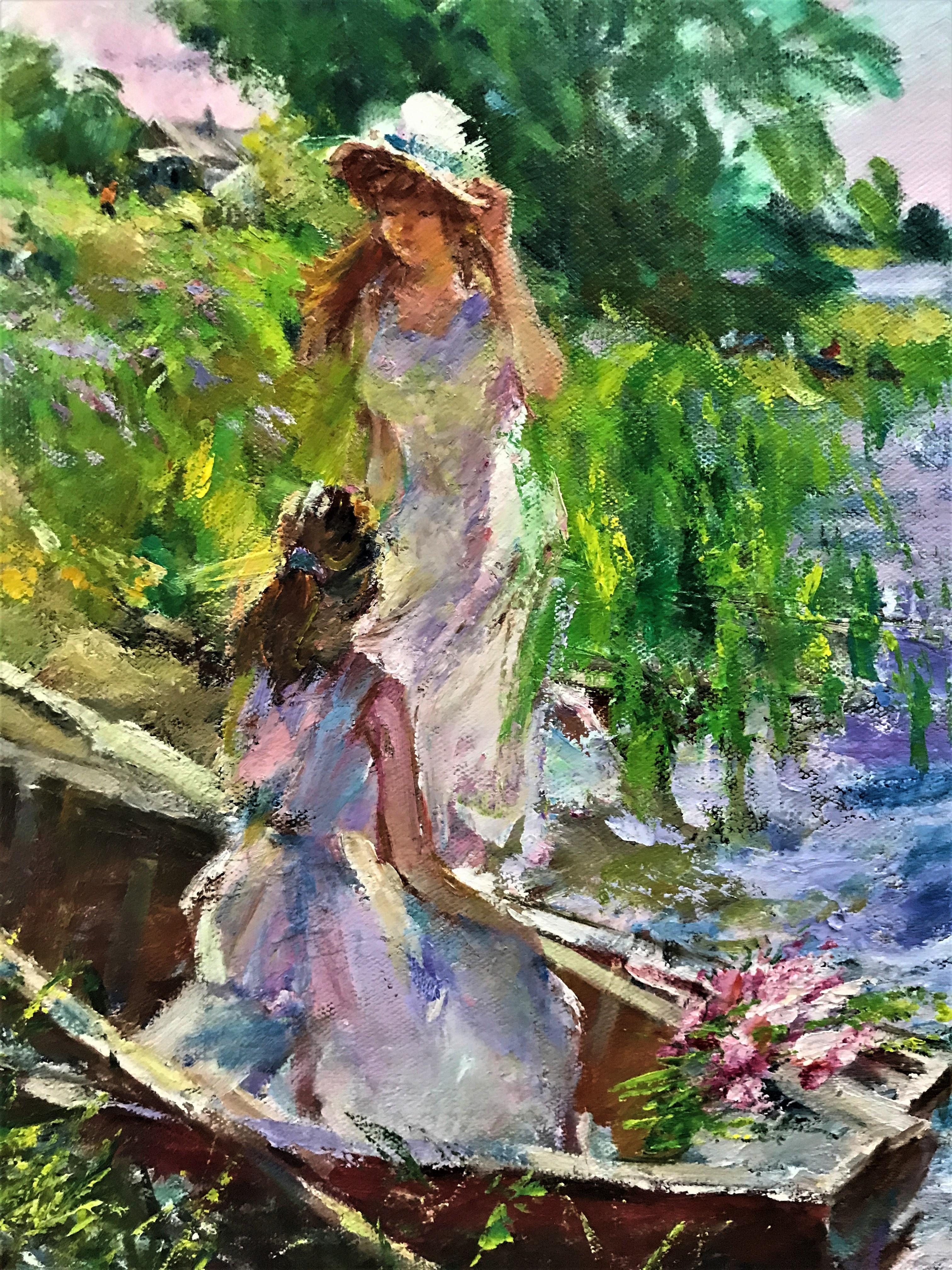 Magnifique jour au bord de la rivière, huile sur toile originale, impressionniste, 20e siècle - Gris Figurative Painting par Anatoly Belonog