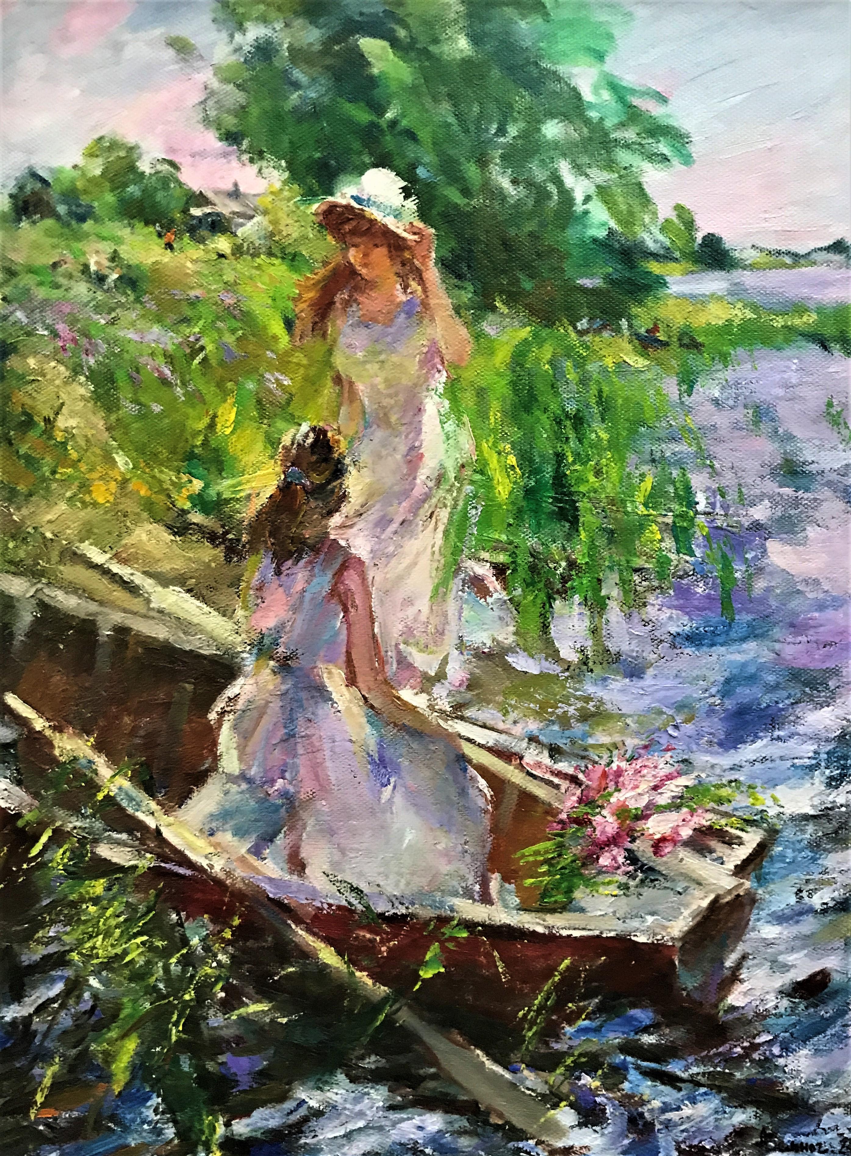 Figurative Painting Anatoly Belonog - Magnifique jour au bord de la rivière, huile sur toile originale, impressionniste, 20e siècle