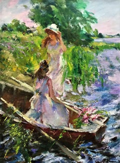 Beautiful Day by the River, original Oil on Canvas, Impressionist, 20thCentury