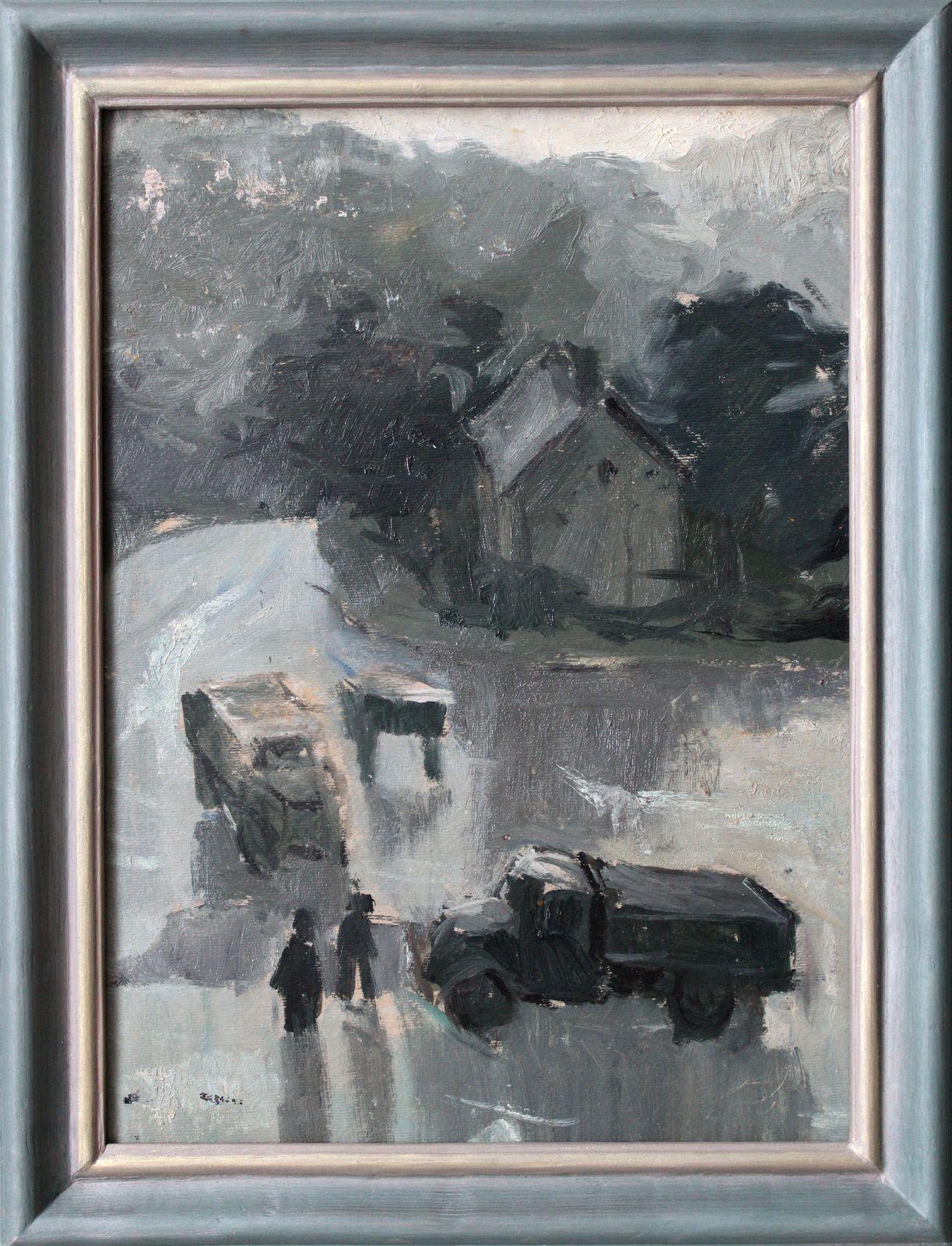 Am Abend, 1950er Jahre, Öl auf Karton, 46,5х34 cm (Grau), Landscape Painting, von Anatoly Lebedev