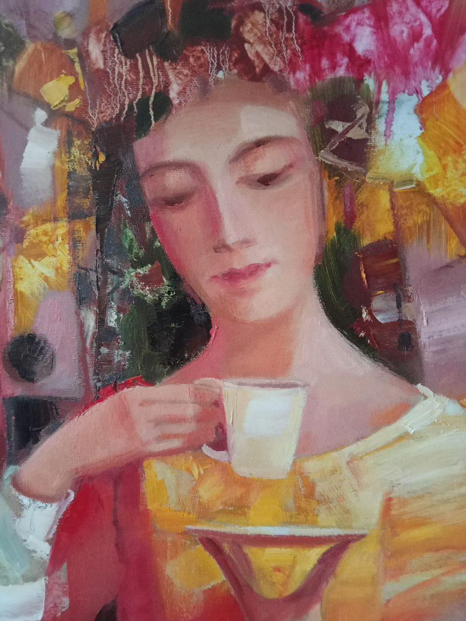 Artist: Anatoly Borisovich Tarabanov
Work: Original oil painting, handmade artwork, one of a kind 
Medium: Oil on Canvas 
Year: 2021
Style: Contemporary Art
Title: A cup of Coffee
Size: 35.5