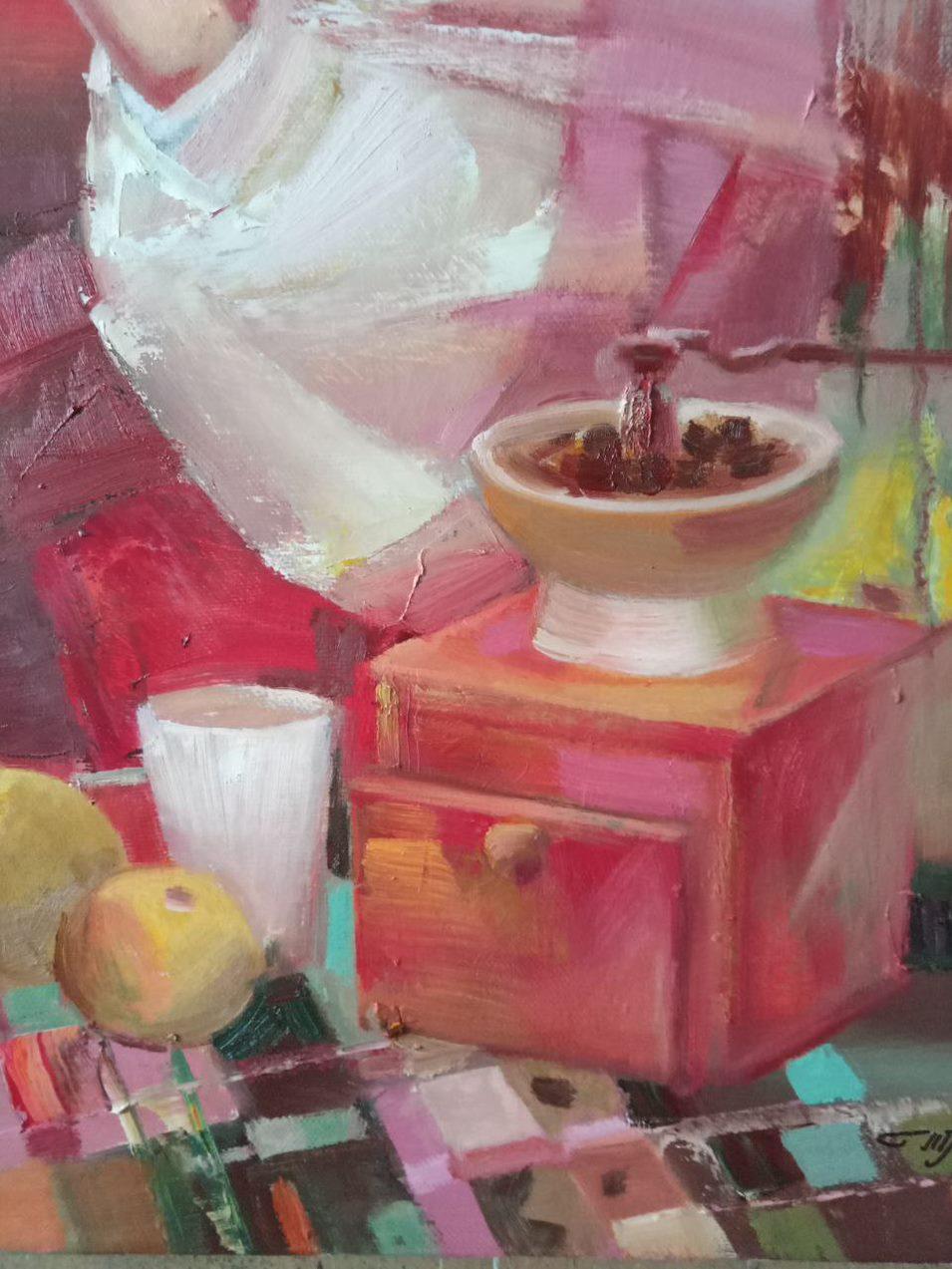 Künstler: Anatoli Borissowitsch Tarabanow
Werk: Original-Ölgemälde, handgefertigtes Kunstwerk, ein Unikat 
Medium: Öl auf Leinwand 
Jahr: 2021
Stil: Zeitgenössische Kunst
Titel: Eine Tasse Kaffee
Größe: 35,5
