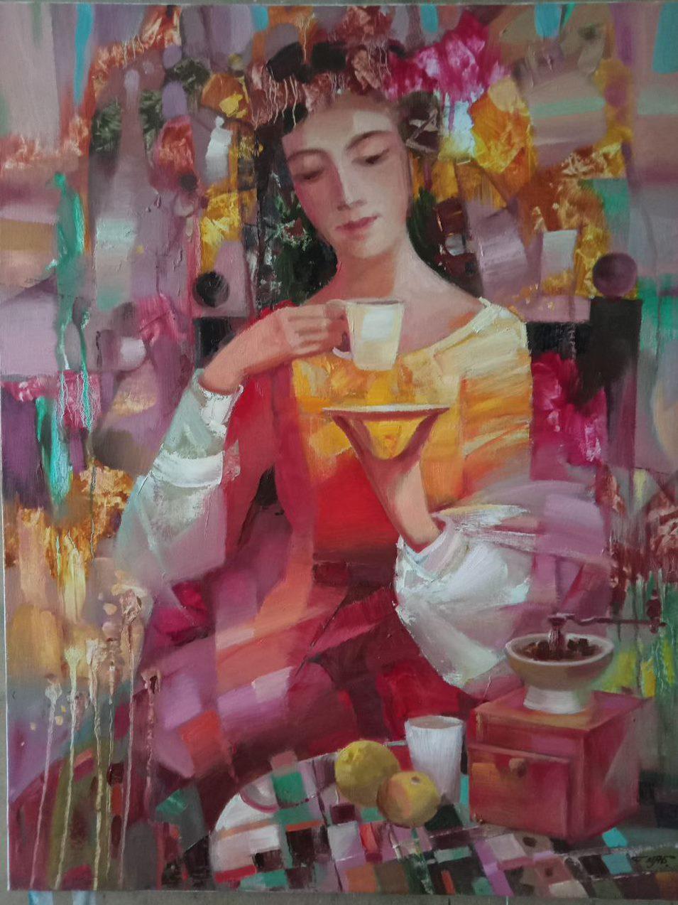 Anatoly Tarabanov Figurative Painting - A cup of Coffee, Portrait, Original oil Painting, Ready to Hang