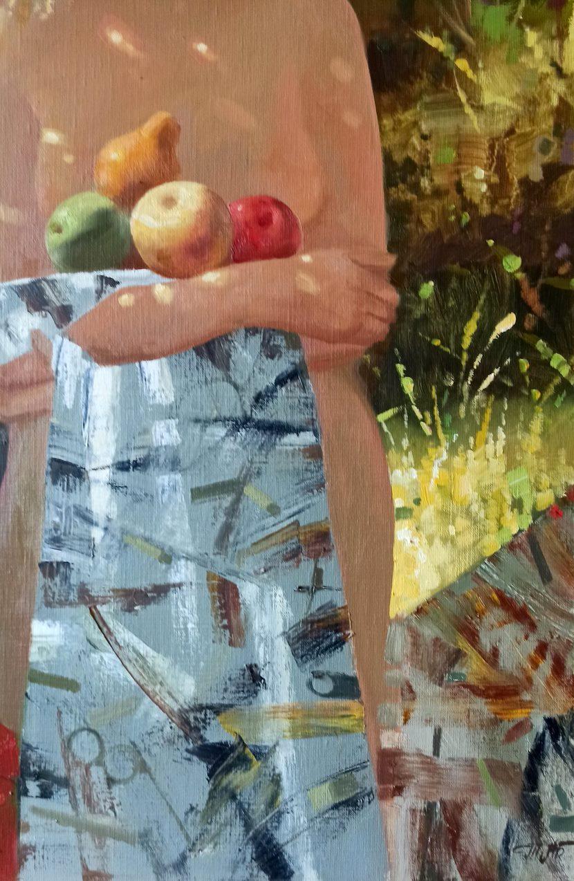 Artist: Anatoly Borisovich Tarabanov
Work: Original oil painting, handmade artwork, one of a kind 
Medium: Oil on Canvas 
Year: 2008
Style: Figurative art
Title: Apple Saved
Size: 35.5
