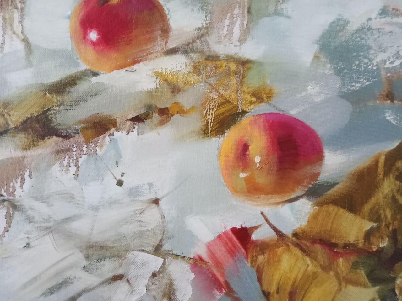 Apfel im Schnee, Stillleben, Original-Ölgemälde, hängefertig – Painting von Anatoly Tarabanov