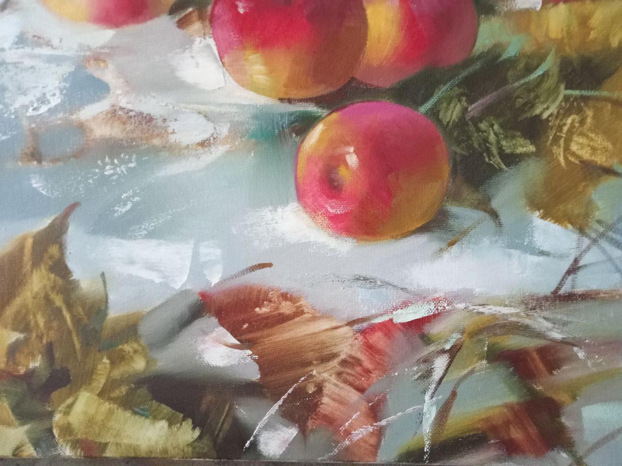 Artist: Anatoly Borisovich Tarabanov
Work: Original oil painting, handmade artwork, one of a kind 
Medium: Oil on Canvas 
Year: 2010
Style: Classic Art
Title: Apples in the Snow
Size: 23.5