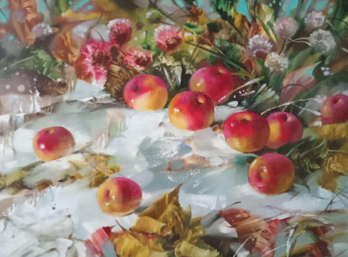 Anatoly Tarabanov Still-Life Painting – Apfel im Schnee, Stillleben, Original-Ölgemälde, hängefertig