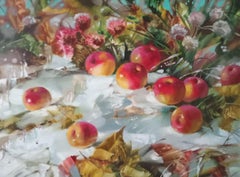 Apfel im Schnee, Stillleben, Original-Ölgemälde, hängefertig