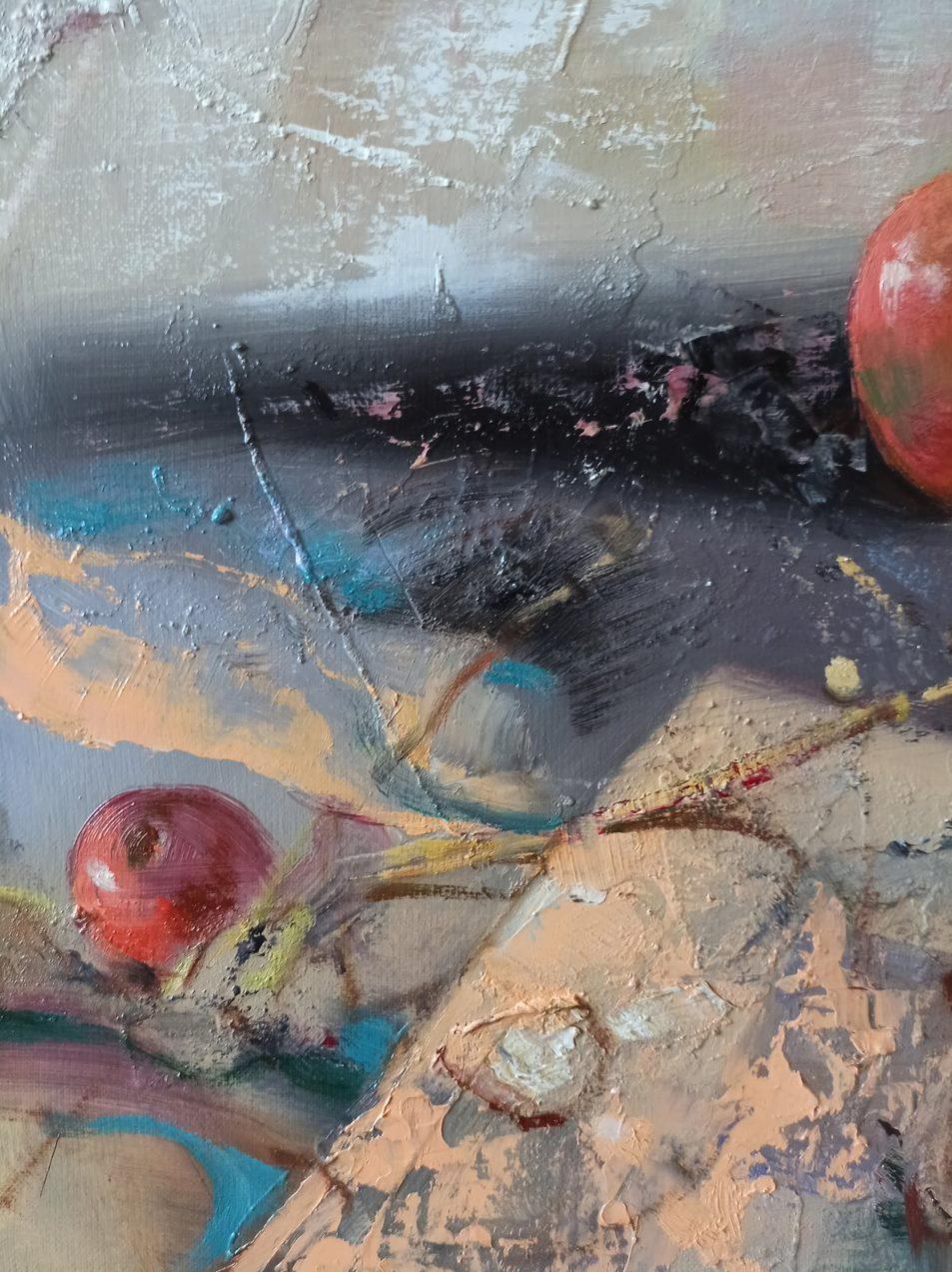 Apples, Abstract Still, Original oil Painting, Ready to Hang - Gray Abstract Painting by Anatoly Tarabanov