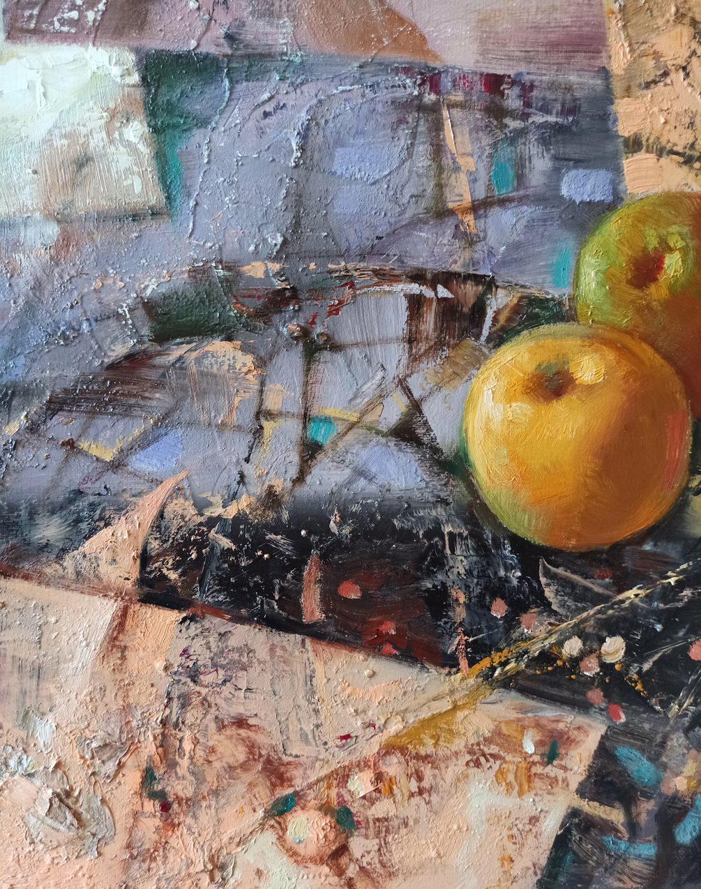 Artist: Anatoly Borisovich Tarabanov
Work: Original oil painting, handmade artwork, one of a kind 
Medium: Oil on Canvas 
Year: 2019
Style: Surrealism
Title: Apples
Size: 23.5