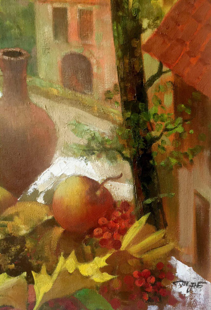 Autumn in the City, Figurative, Original oil Painting, Ready to Hang - Brown Figurative Painting by Anatoly Tarabanov