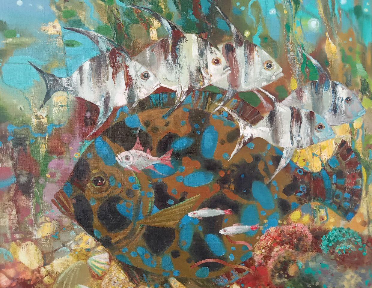 Big Fish, peinture à l'huile originale, prête à être accrochée