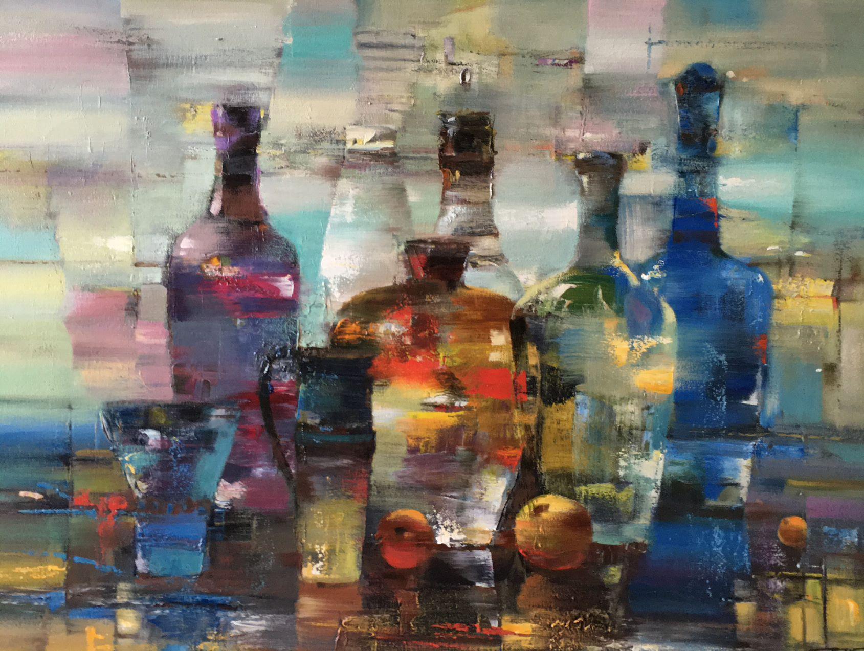 Bottles, Abstract Still Life, Original oil Painting, Ready to Hang