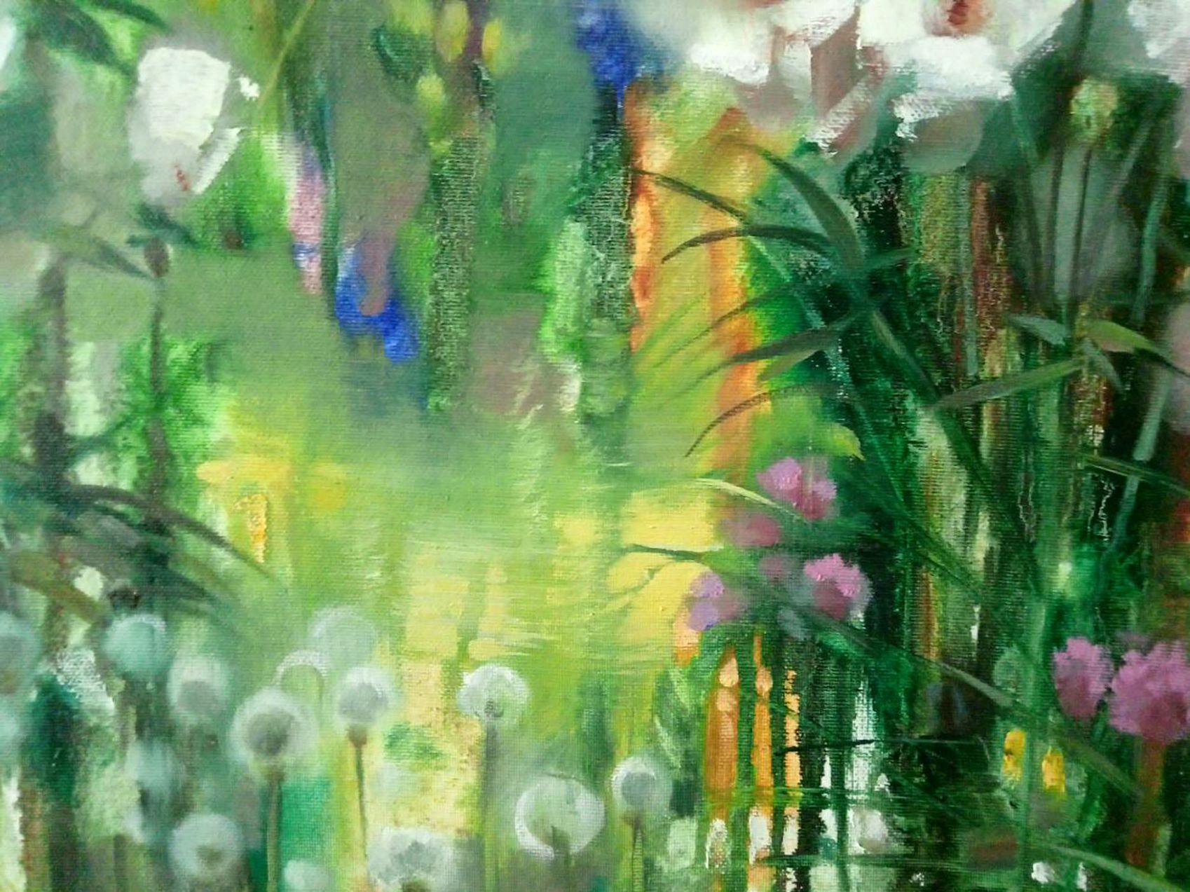 Breeze, Flowers, Impressionism, Original oil Painting, Ready to Hang - Gray Landscape Painting by Anatoly Tarabanov