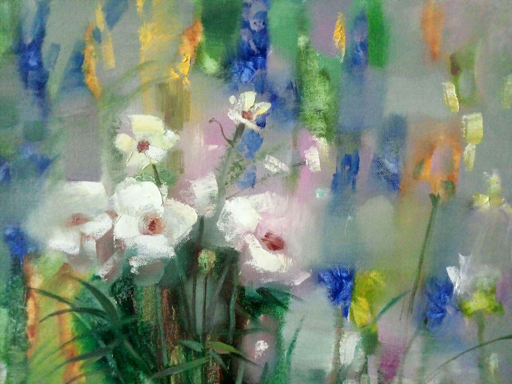 Brezza, Fiori, Impressionismo, Pittura ad olio originale, pronta da appendere in vendita 1