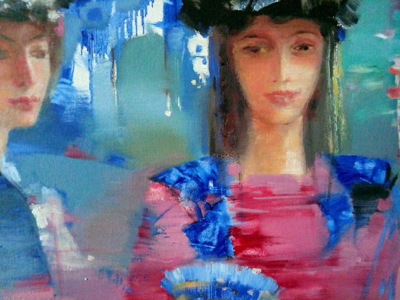 Carnival, Portraits Women Original oil Painting, Ready to Hang - Gray Figurative Painting by Anatoly Tarabanov