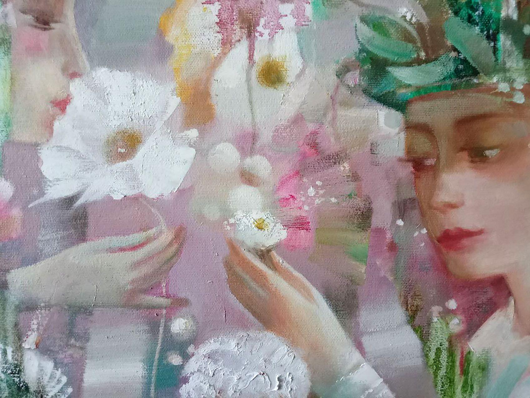 Sogno di fata, Ritratti di fiori, Pittura ad olio originale, pronta da appendere - Portrait Painting Grigio di Anatoly Tarabanov